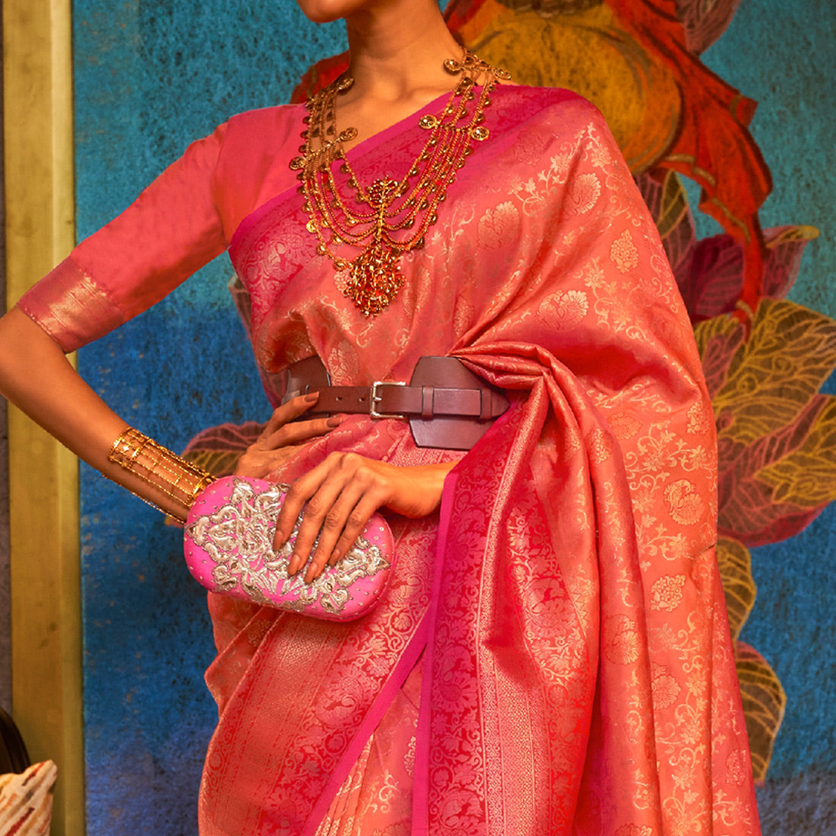 Orange & Pink Floral Woven Art Silk Saree