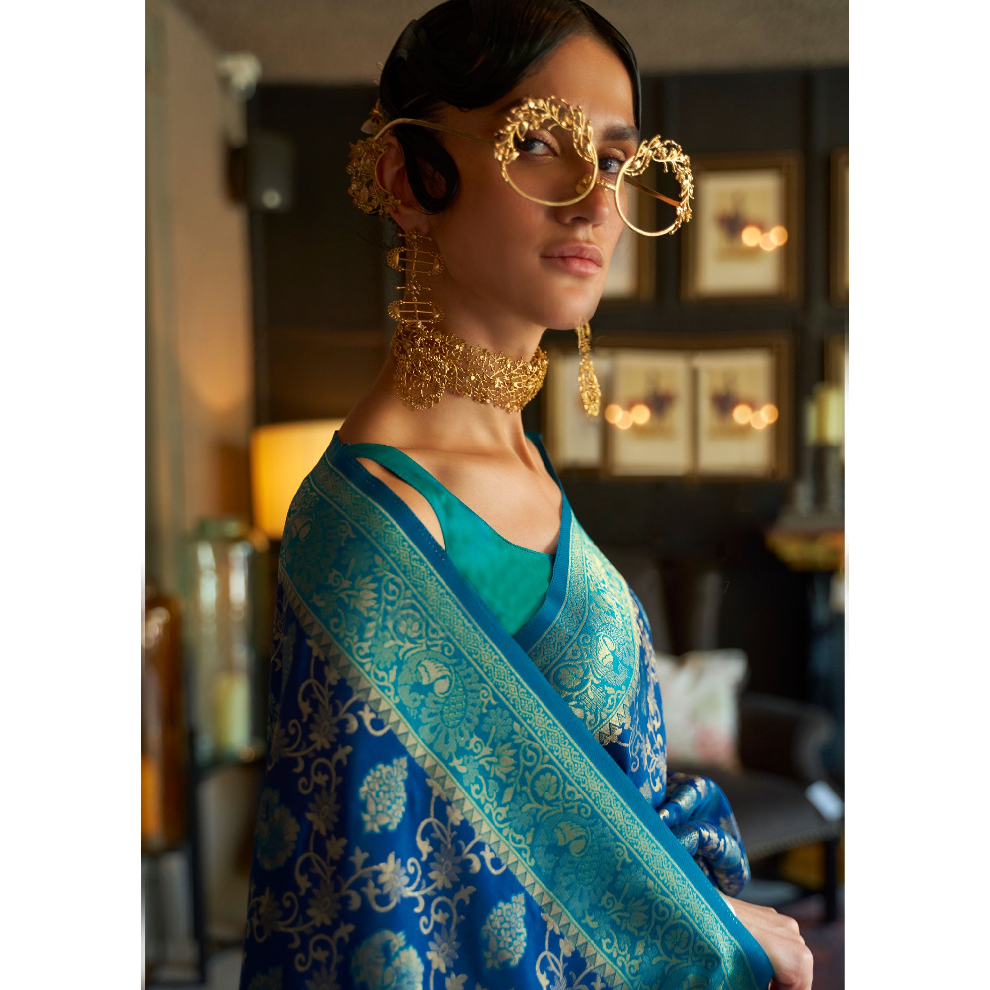 Blue & Rama Floral Woven Art Silk Saree