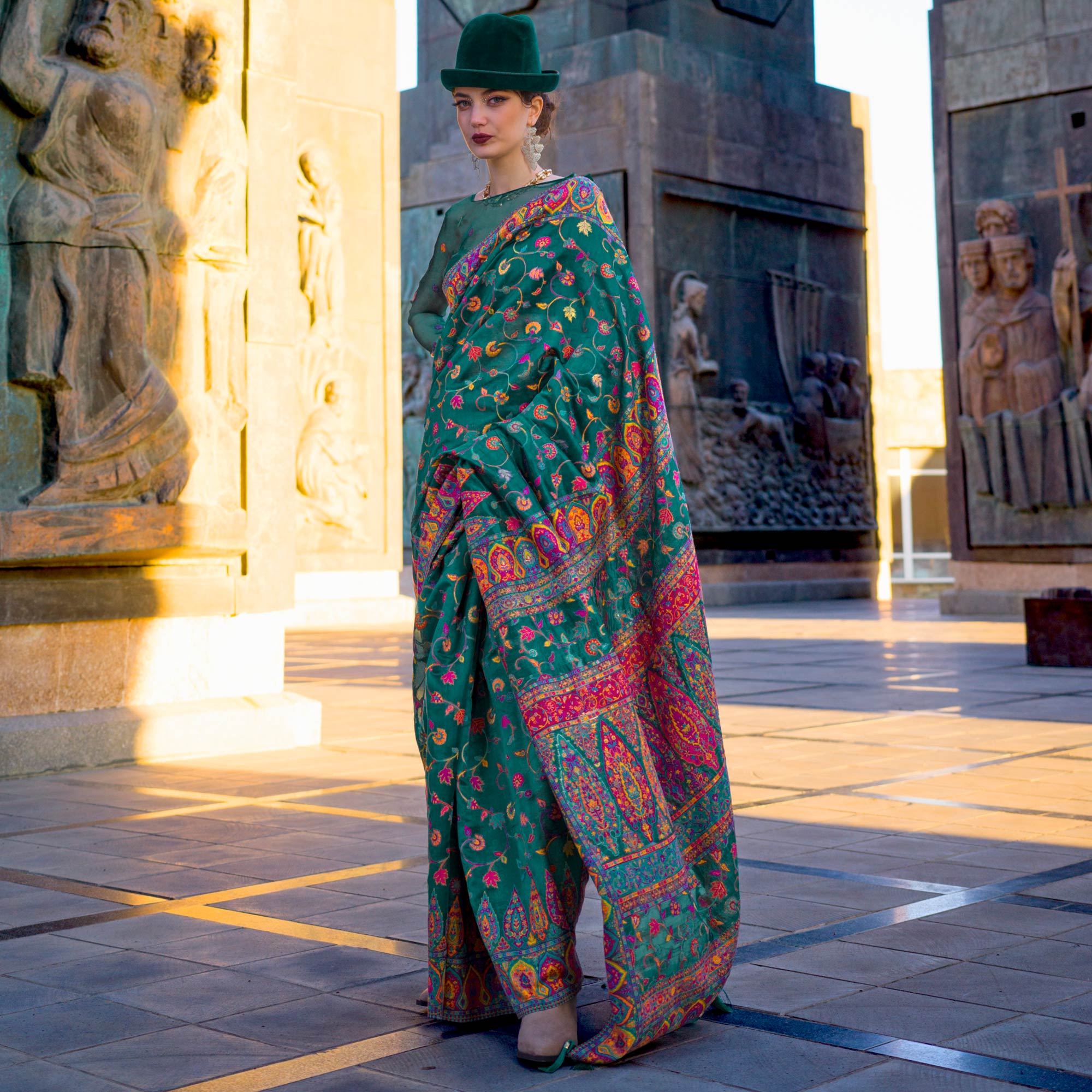 Green Woven Kashmiri Organza Saree With Tassels