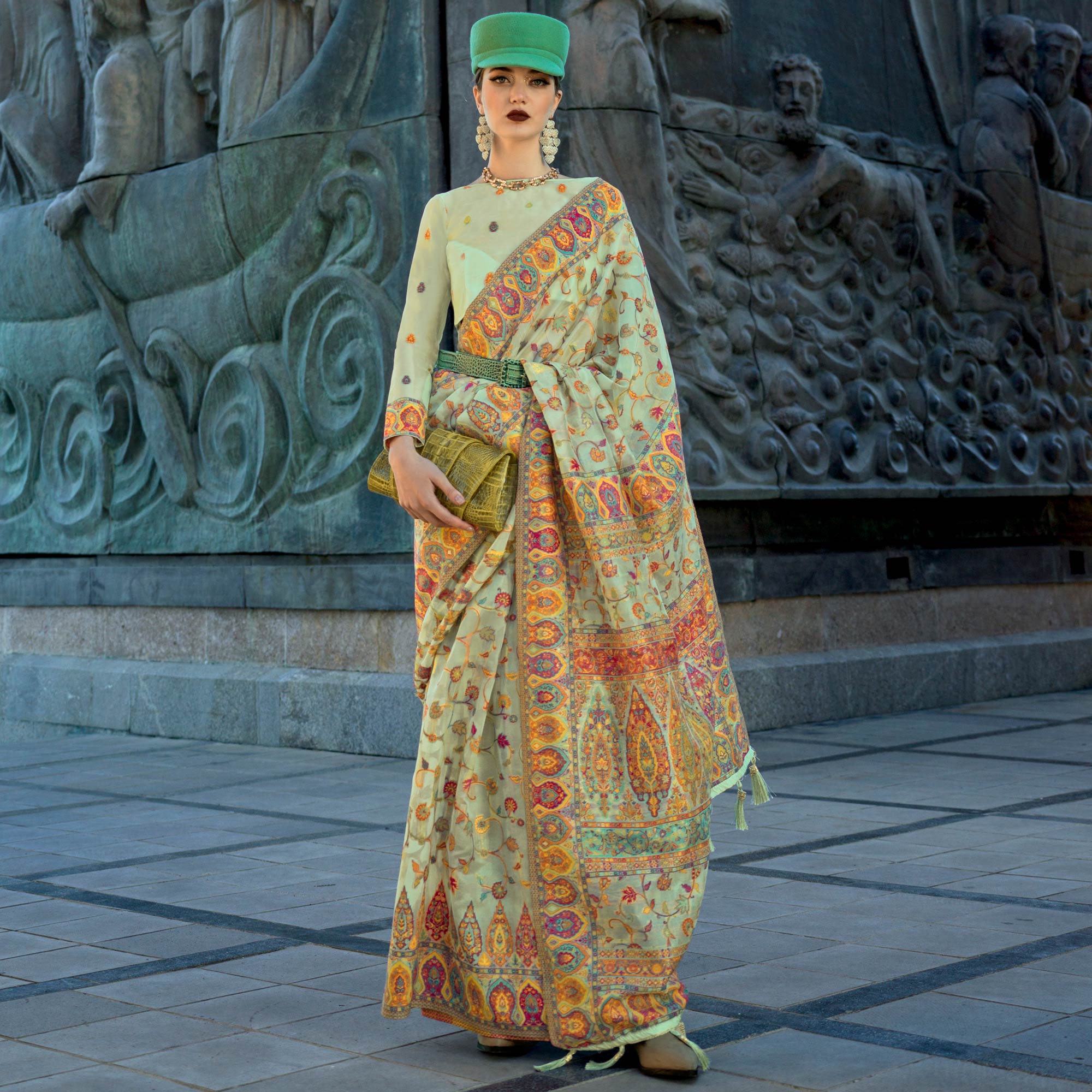 Pista Green Woven Kashmiri Organza Saree With Tassels
