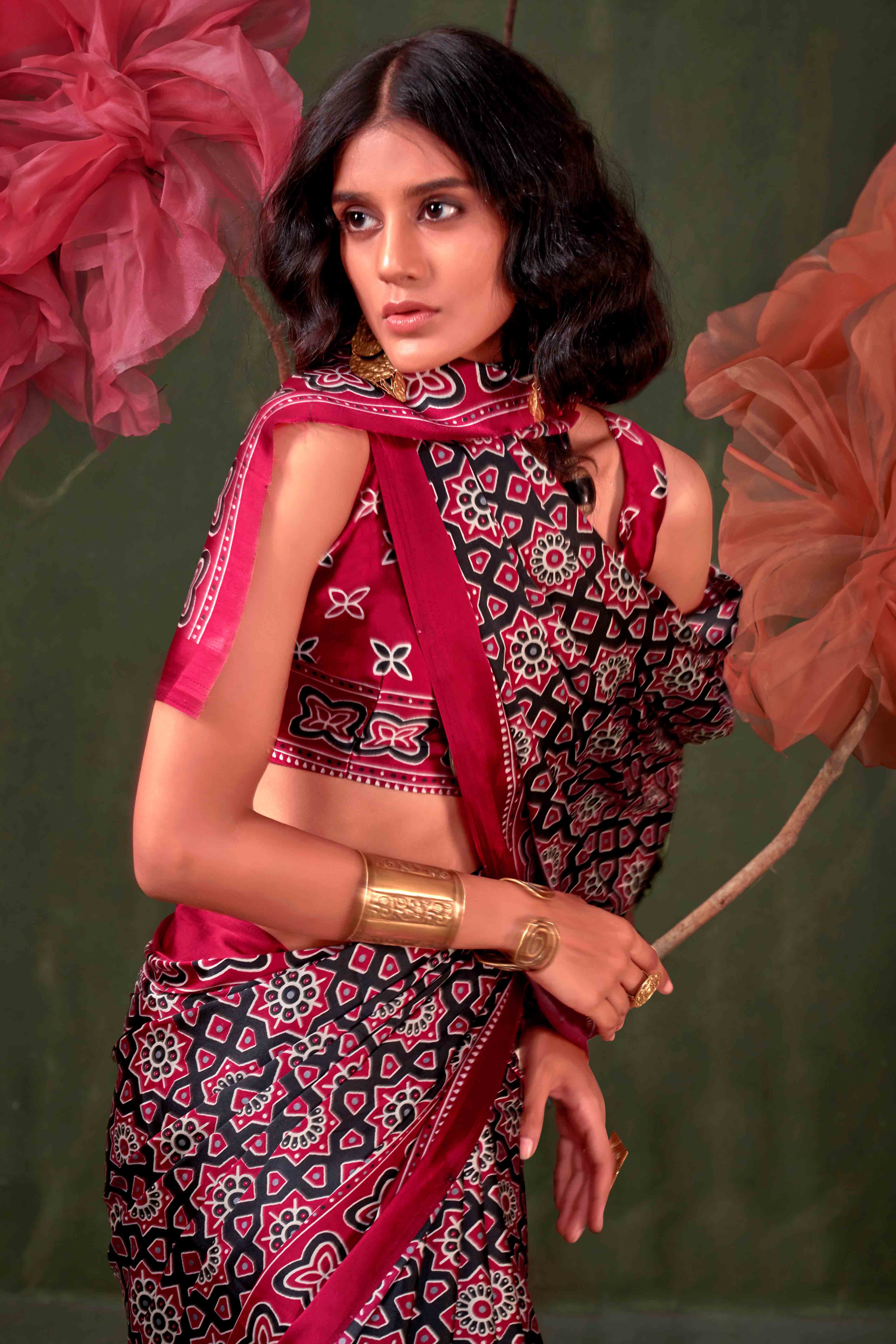 Classic Maroon Saree with Timeless Ajrakh Designs on Satin Crepe