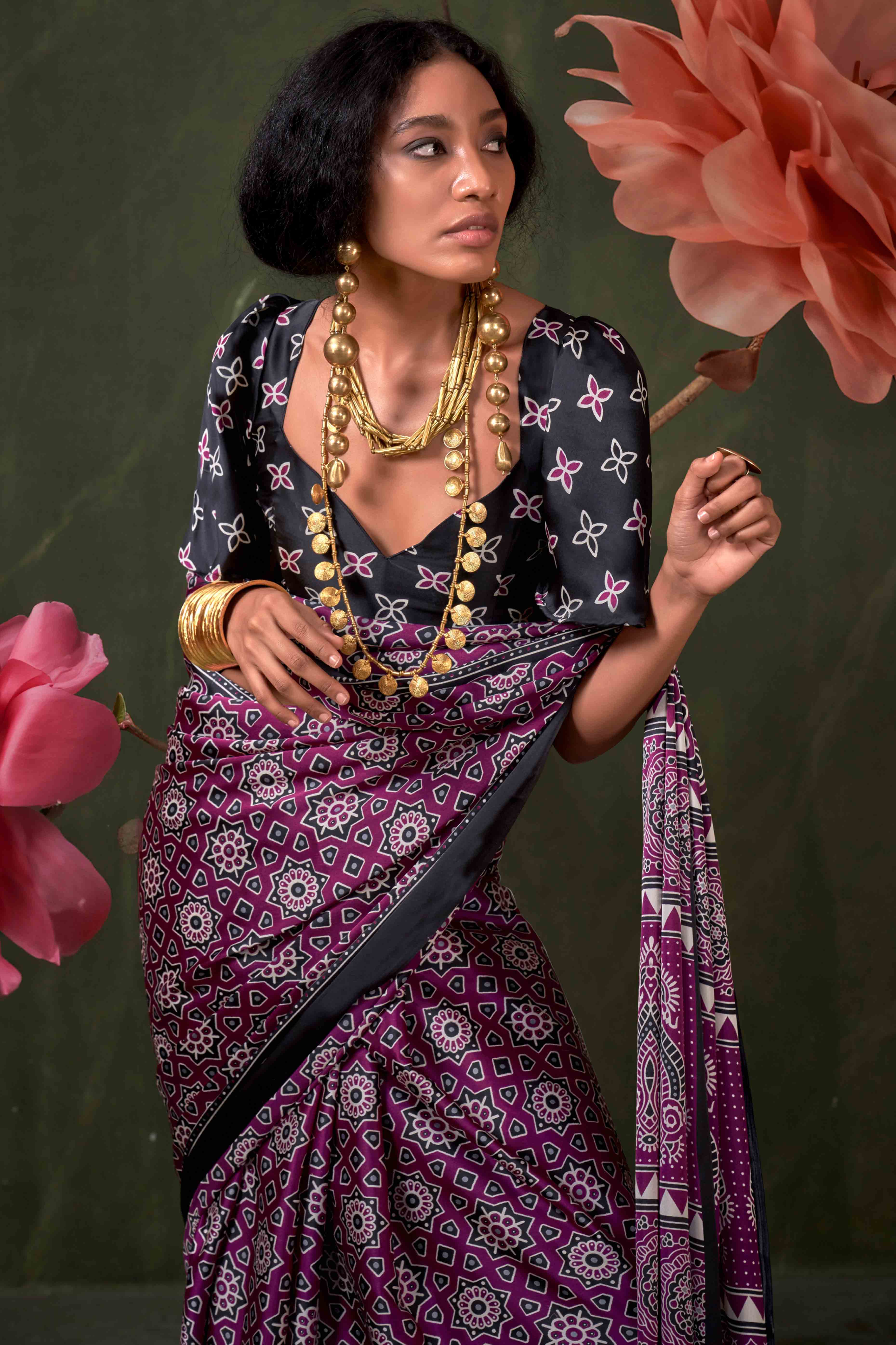 Classic Deep Purple Saree with Timeless Ajrakh Designs on Satin Crepe