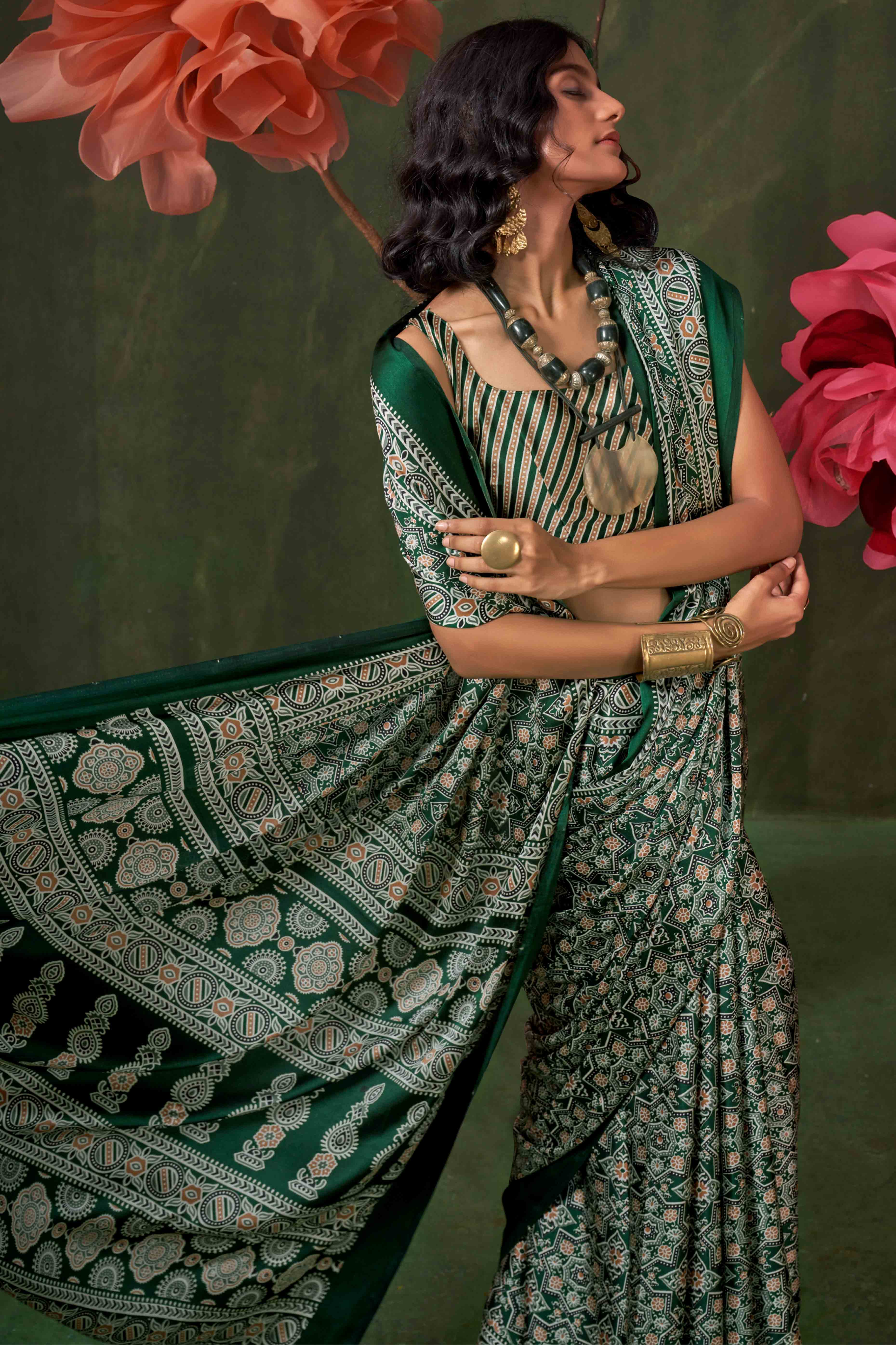Classic Bottle Green Saree with Timeless Ajrakh Designs on Satin Crepe