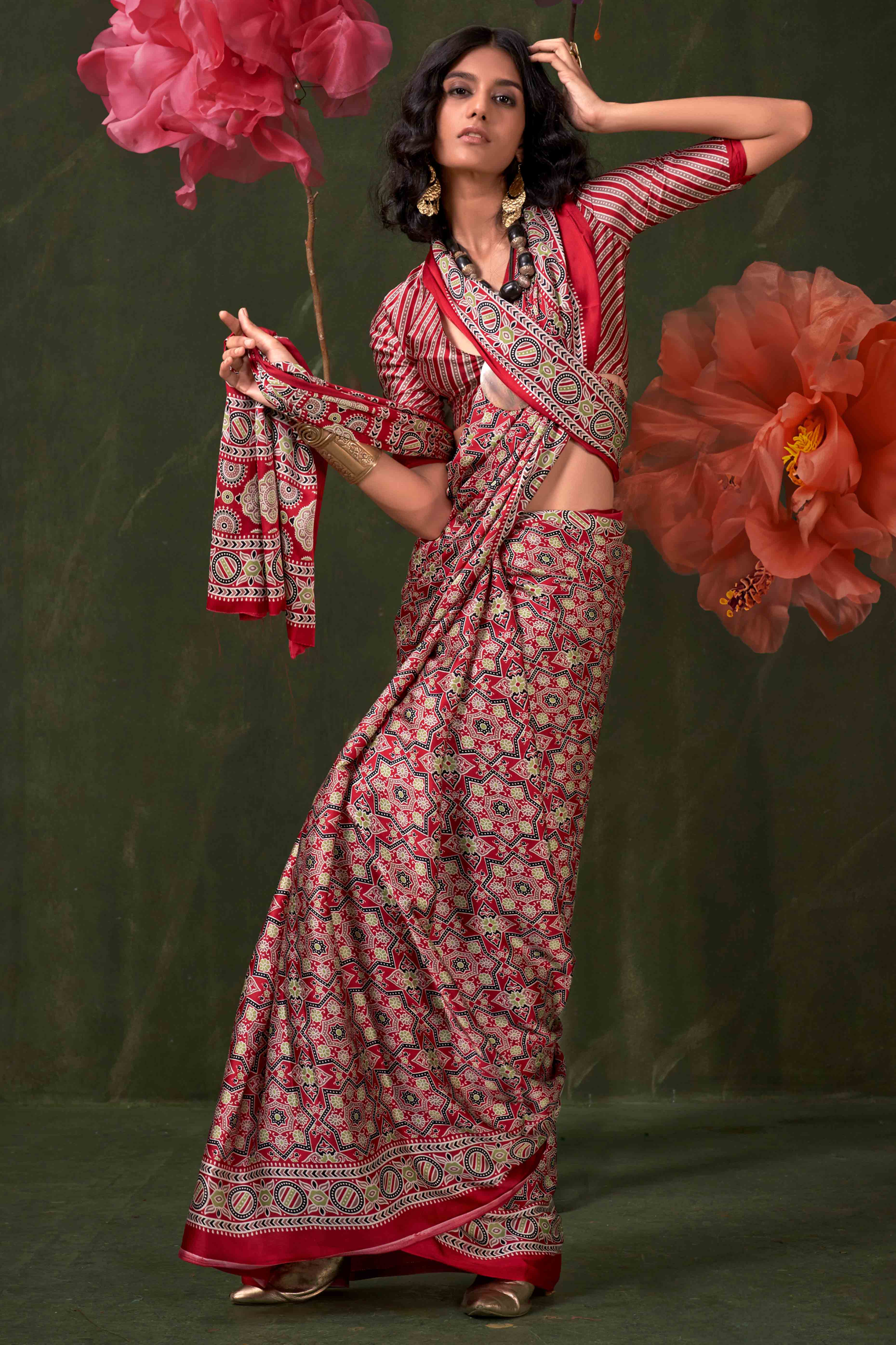 Classic Red Saree with Timeless Ajrakh Designs on Satin Crepe