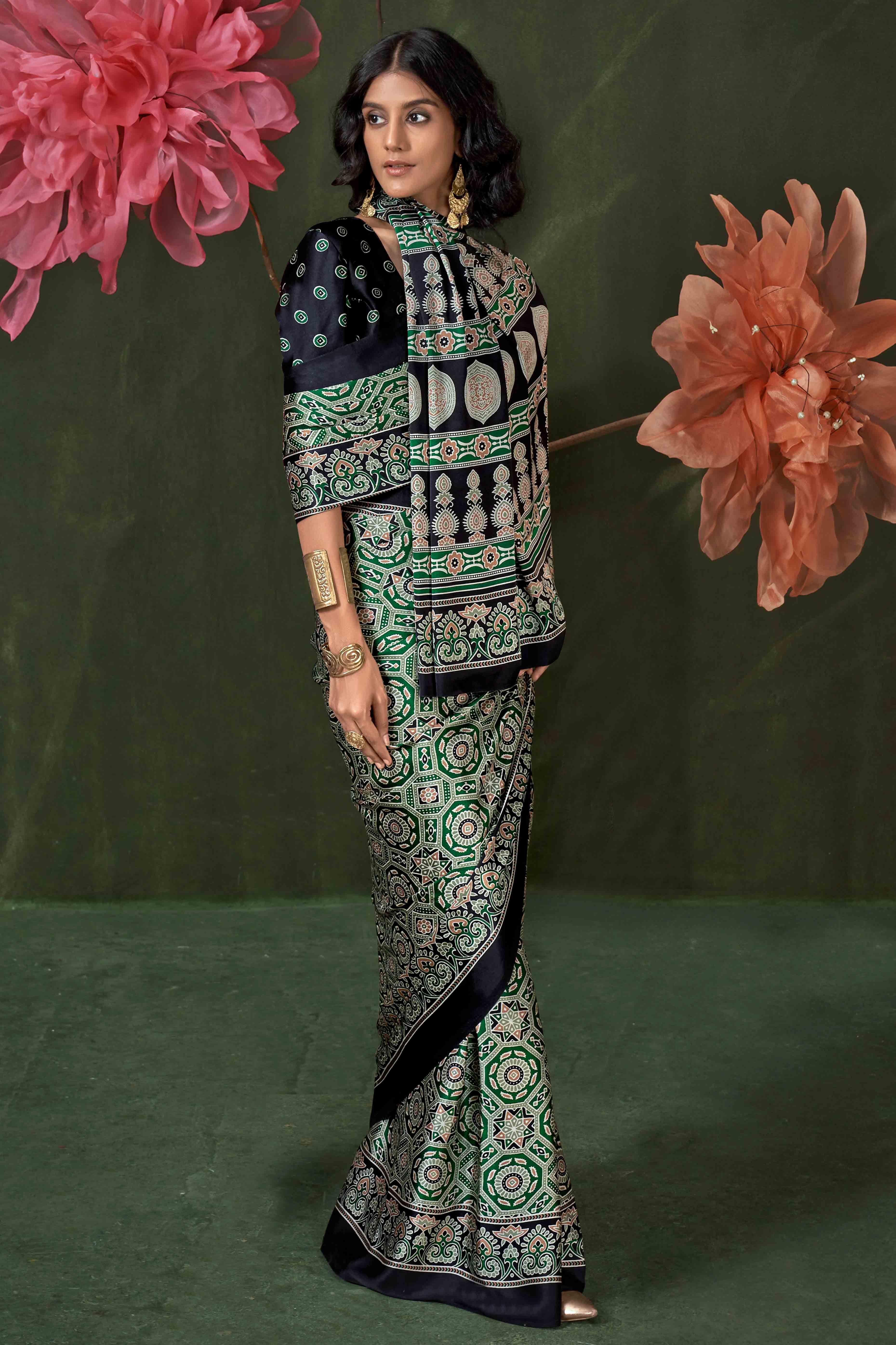 Classic Green & Black Saree with Timeless Ajrakh Designs on Satin Crepe