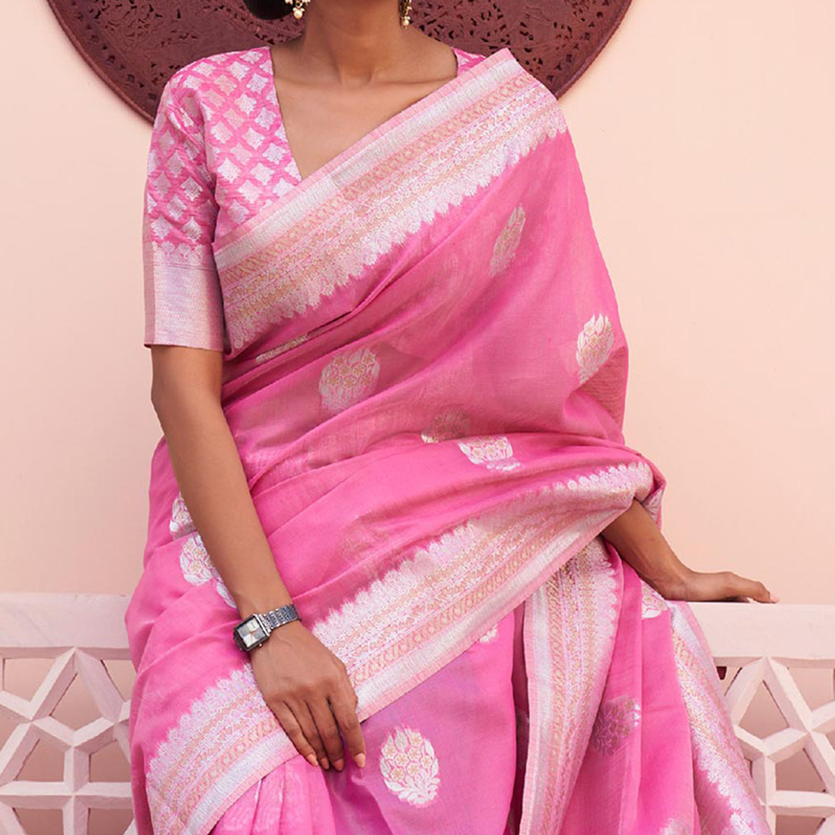 Pink Woven Linen Saree