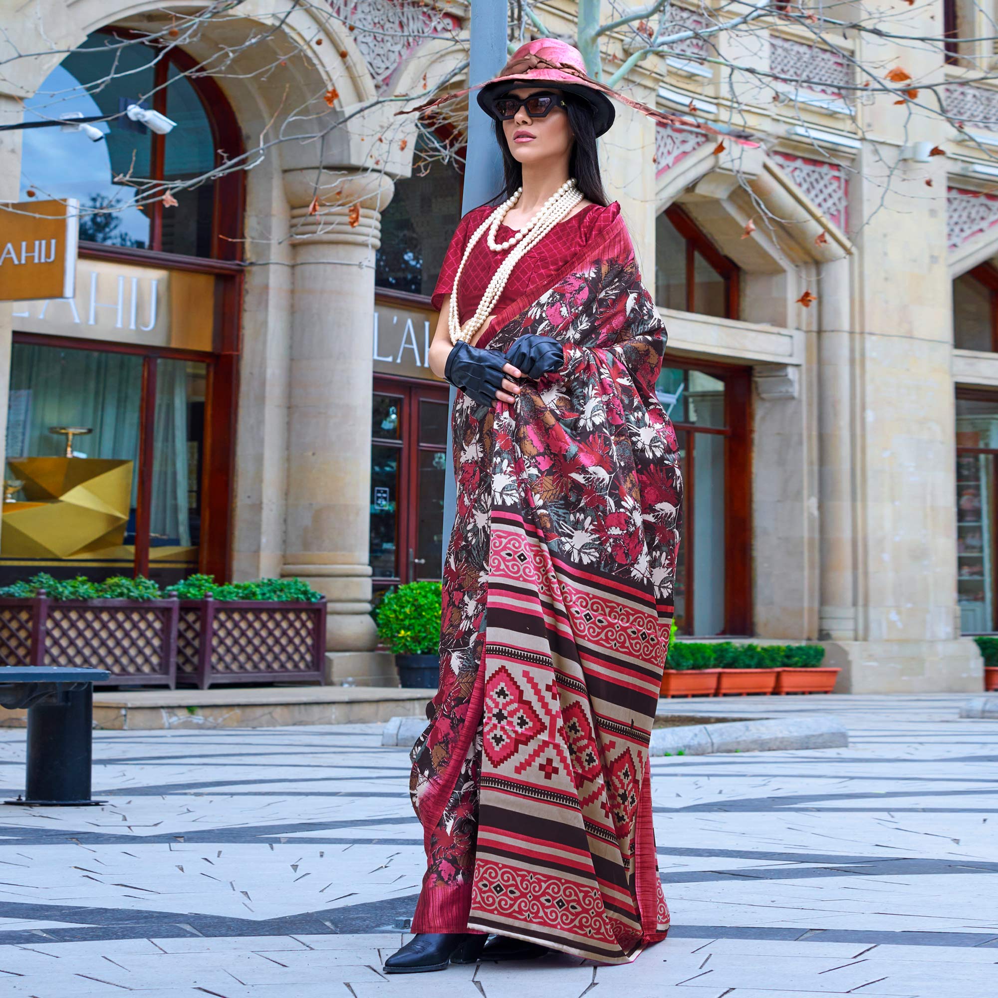 Black & Pink Contemporary Printed Satin Saree