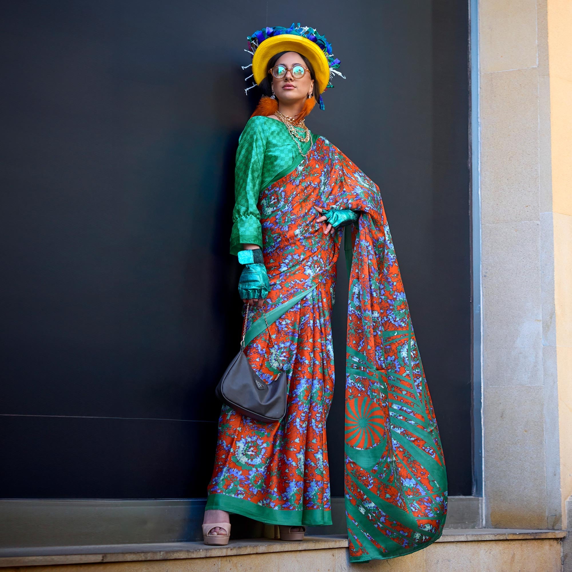 Rama Green Contemporary Printed Satin Saree