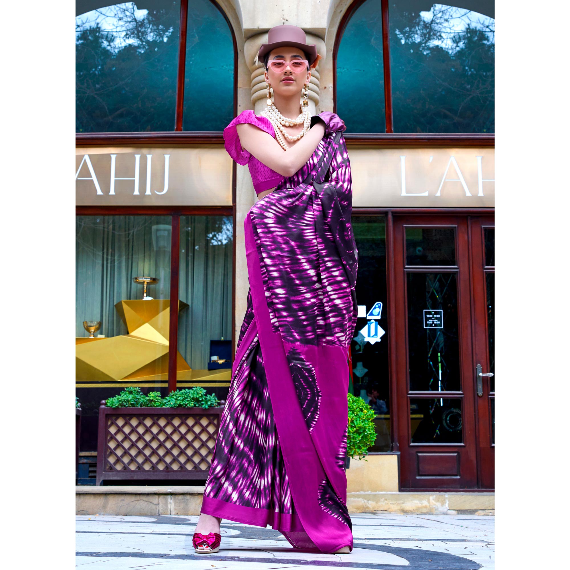 Magenta & Purple Contemporary Printed Satin Saree