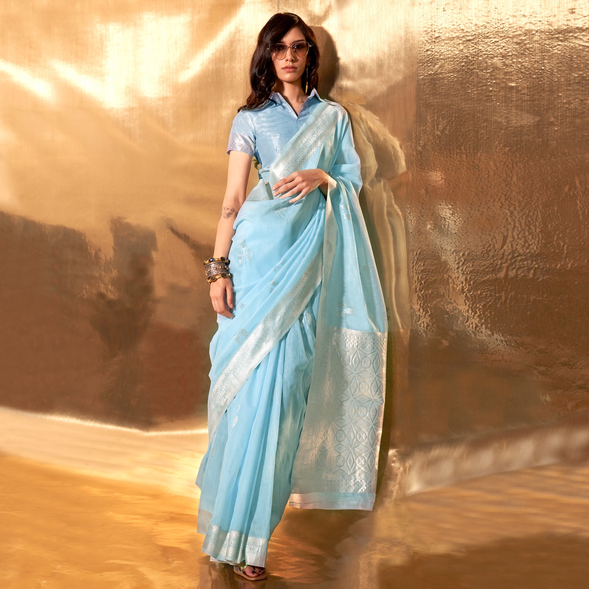 Sky Blue Zari Woven Linen Saree