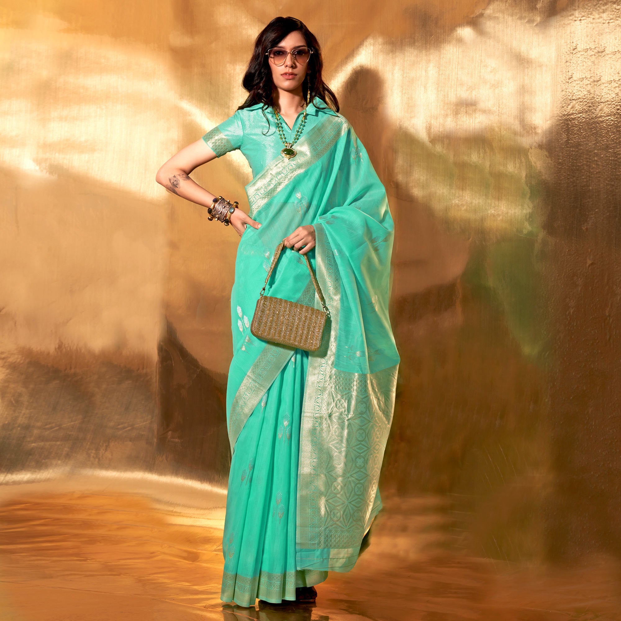 Turquoise Zari Woven Linen Saree