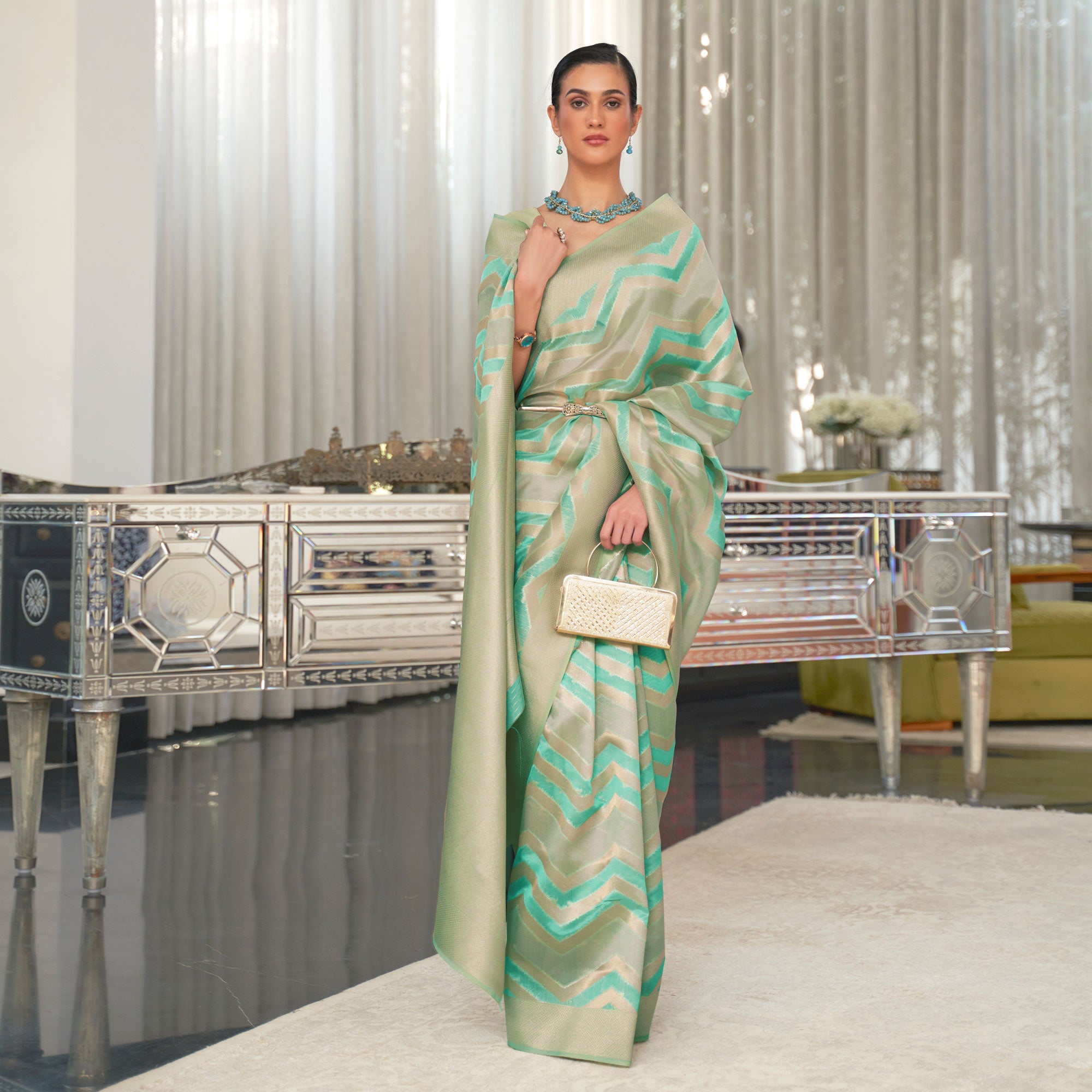 Turquoise Woven Organza Saree