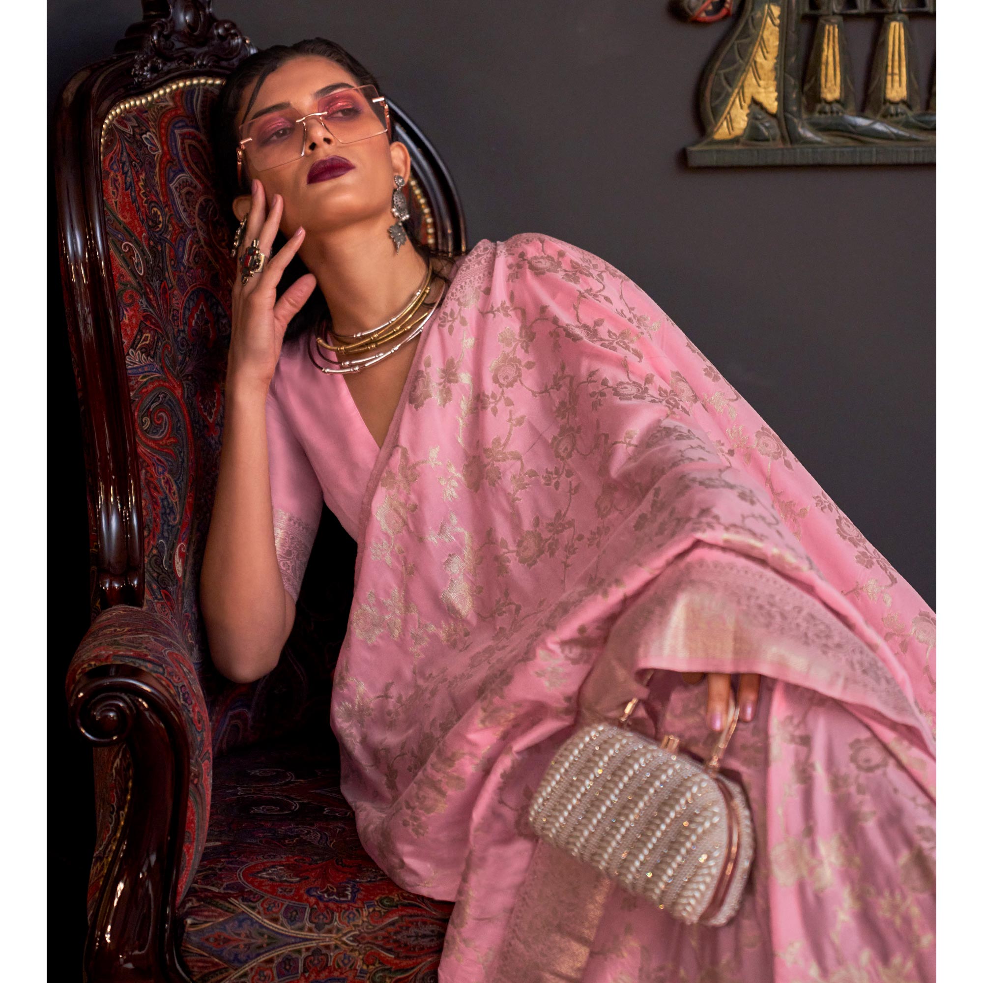 Pink Woven Art Silk Saree With Tassels