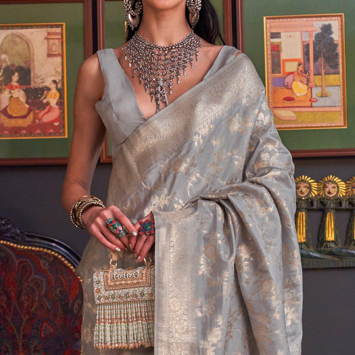 Grey Woven Art Silk Saree With Tassels