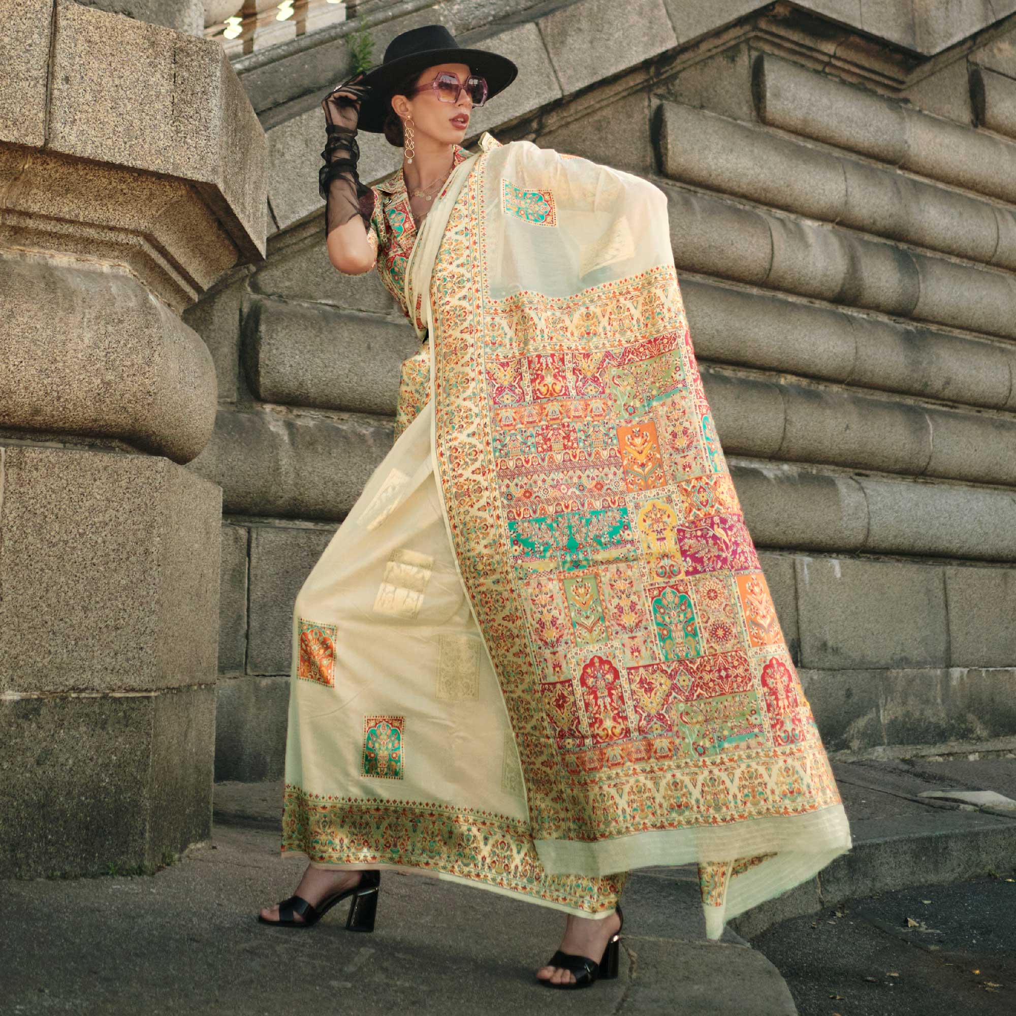 Off White Floral Embroidered Woven Chanderi Silk Saree