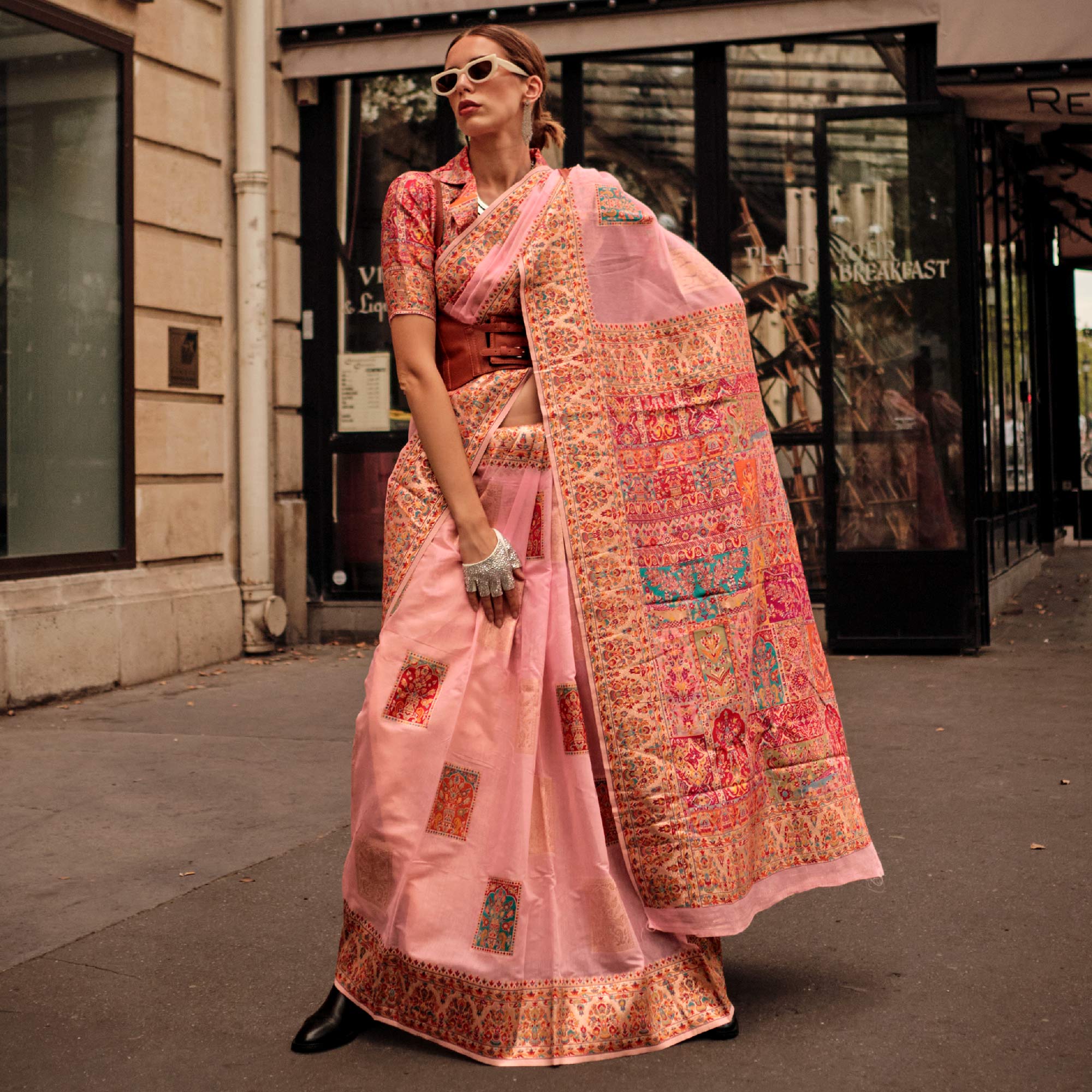 Peach Floral Embroidered Woven Chanderi Silk Saree