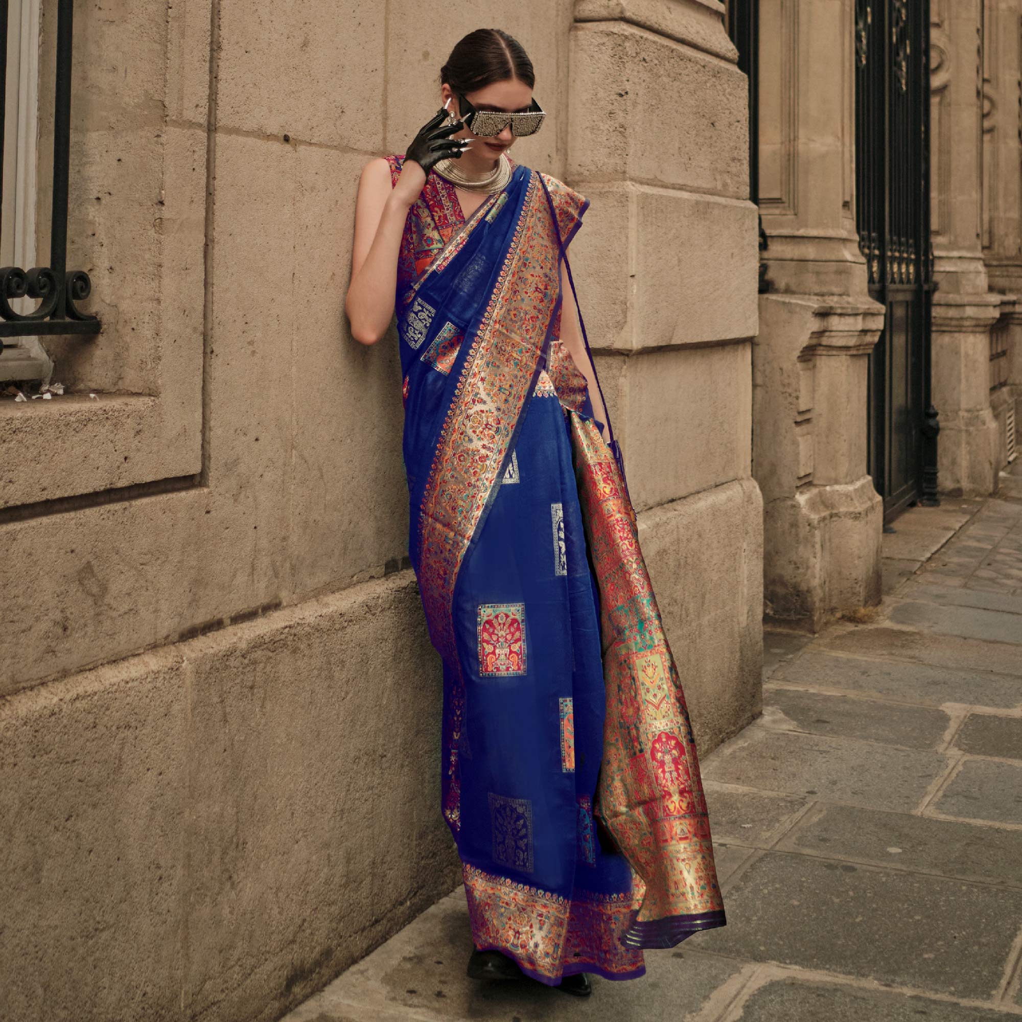 Navy Blue Floral Embroidered Woven Chanderi Silk Saree