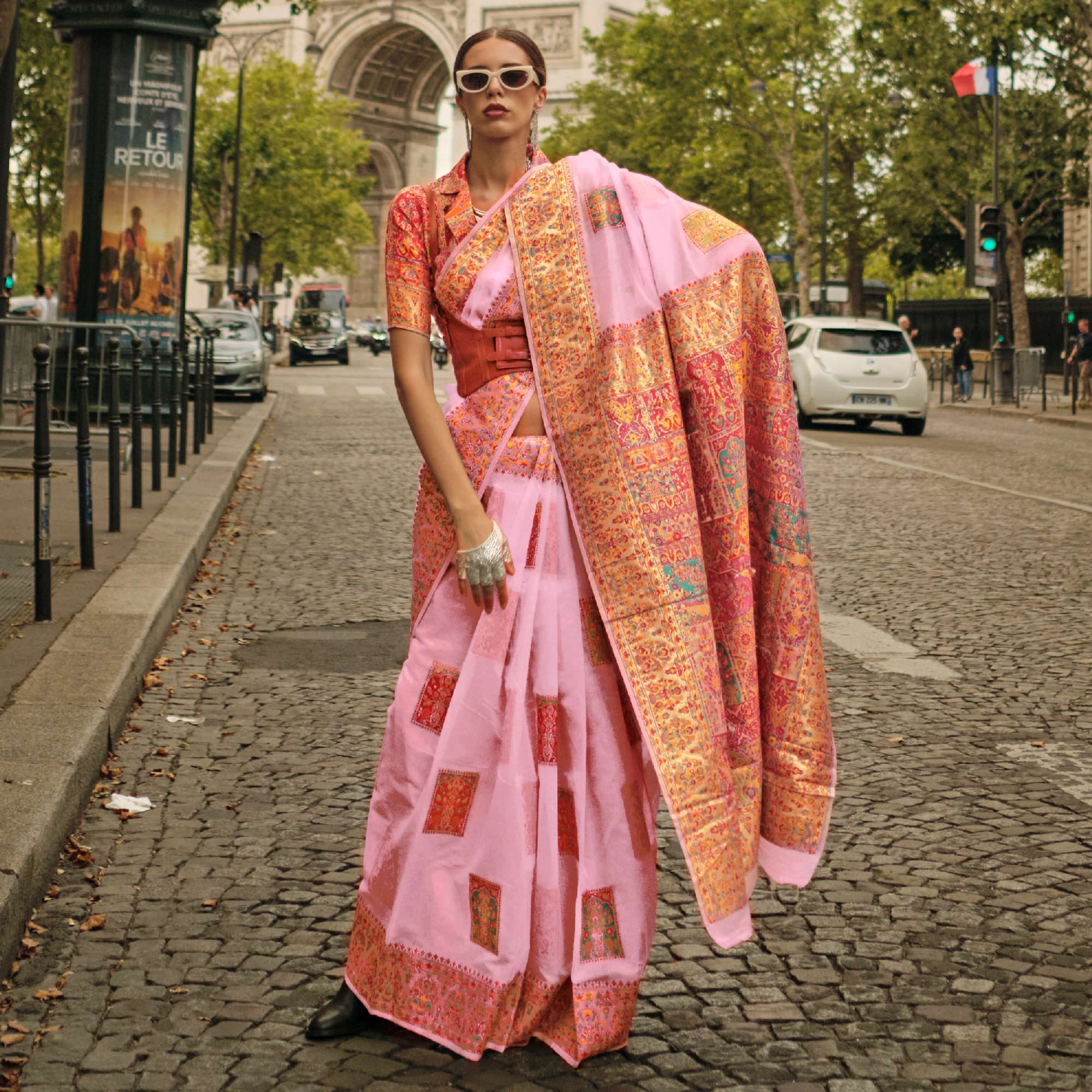 Pink Floral Embroidered Woven Chanderi Silk Saree