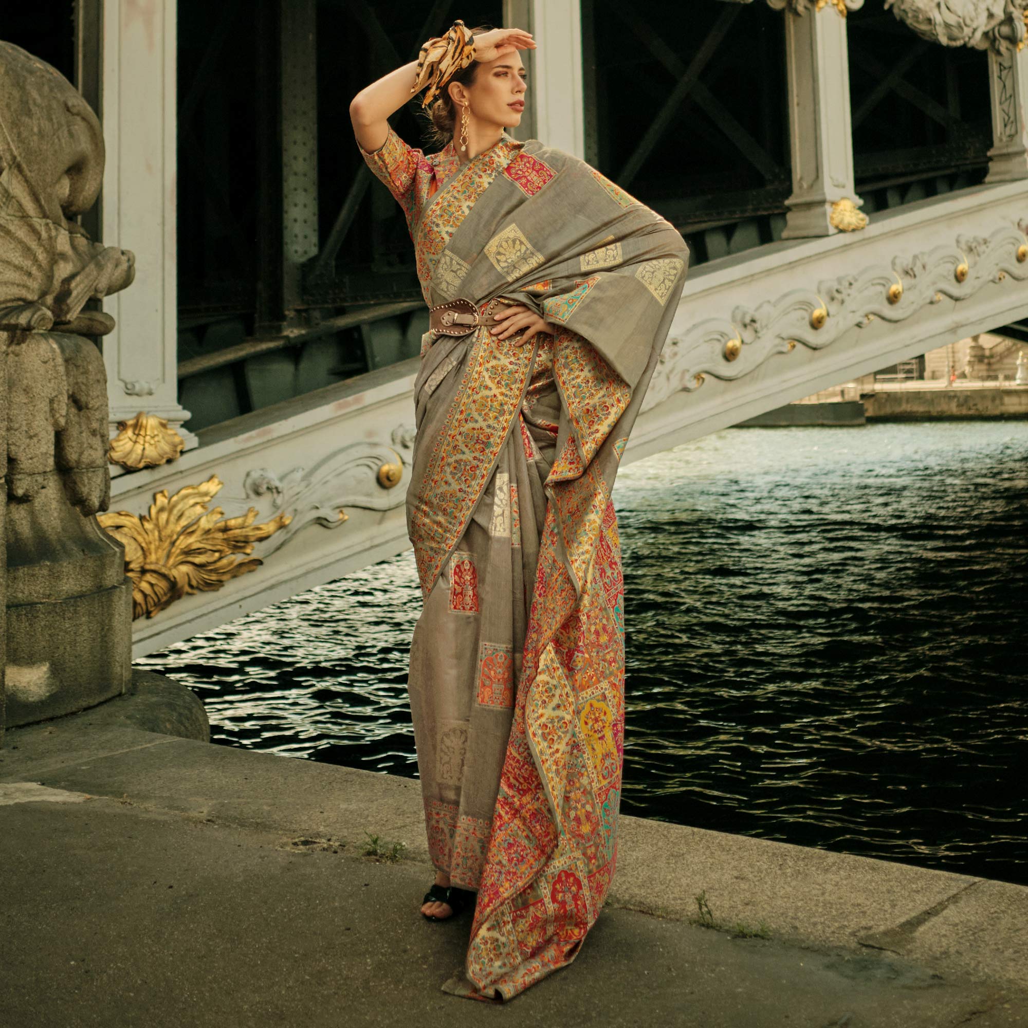 Brown Floral Embroidered Woven Chanderi Silk Saree