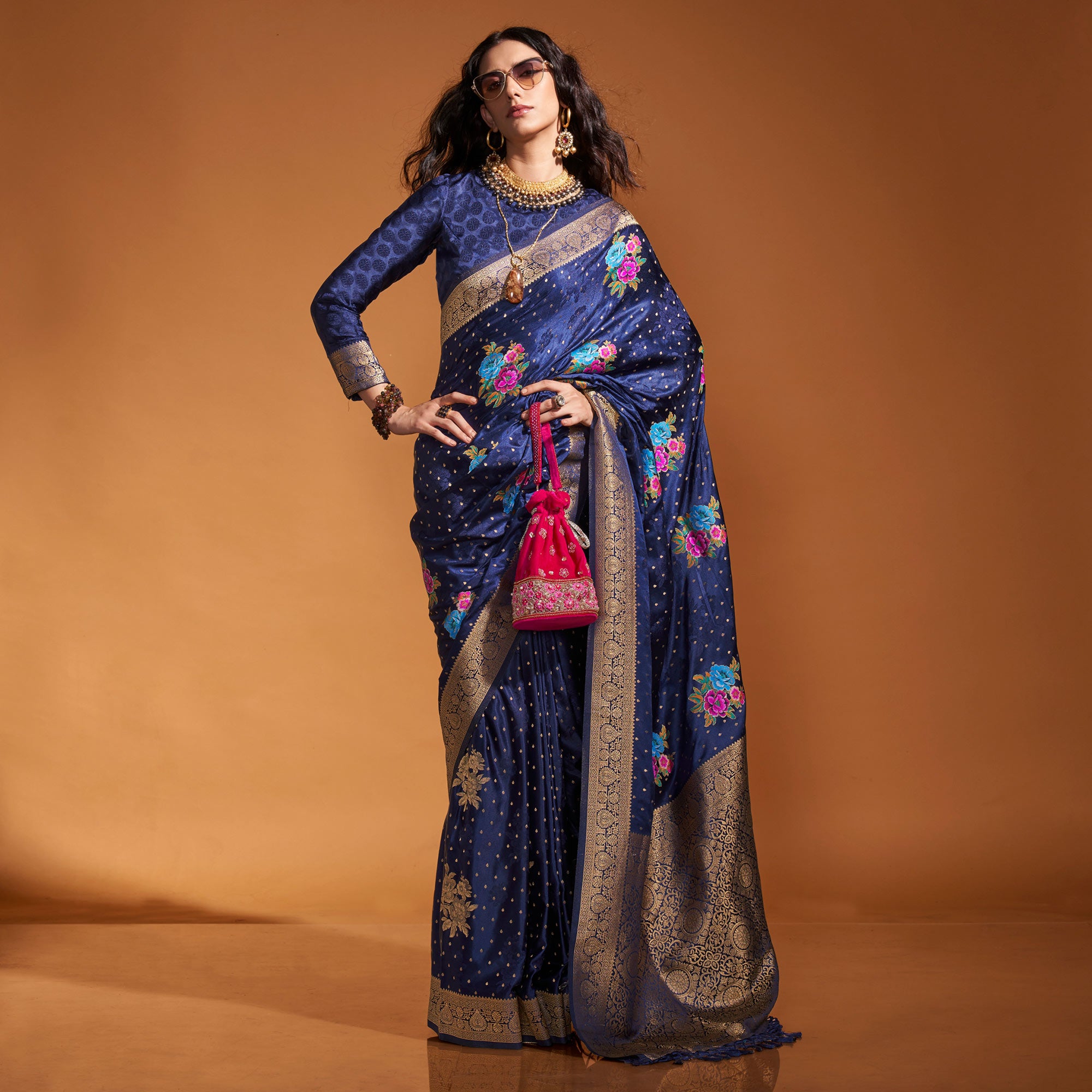 Blue Floral Woven Satin Saree With Tassels