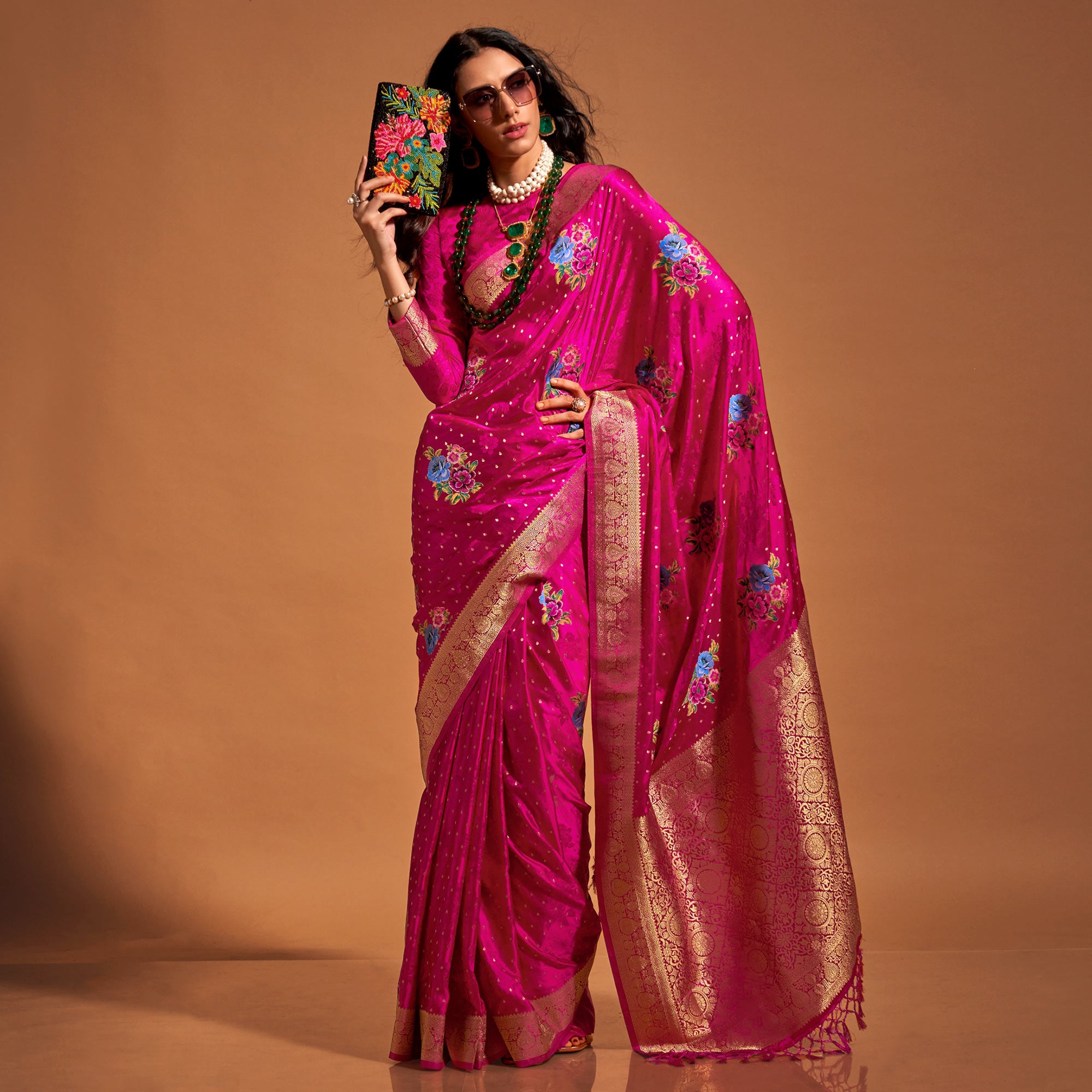 Pink Floral Woven Satin Saree With Tassels
