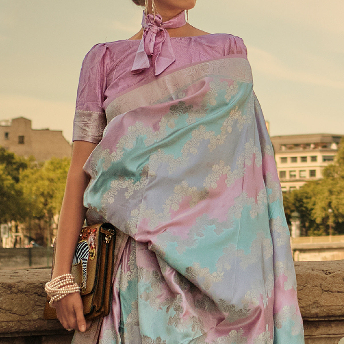 Pink Floral Woven Satin Saree With Tassels