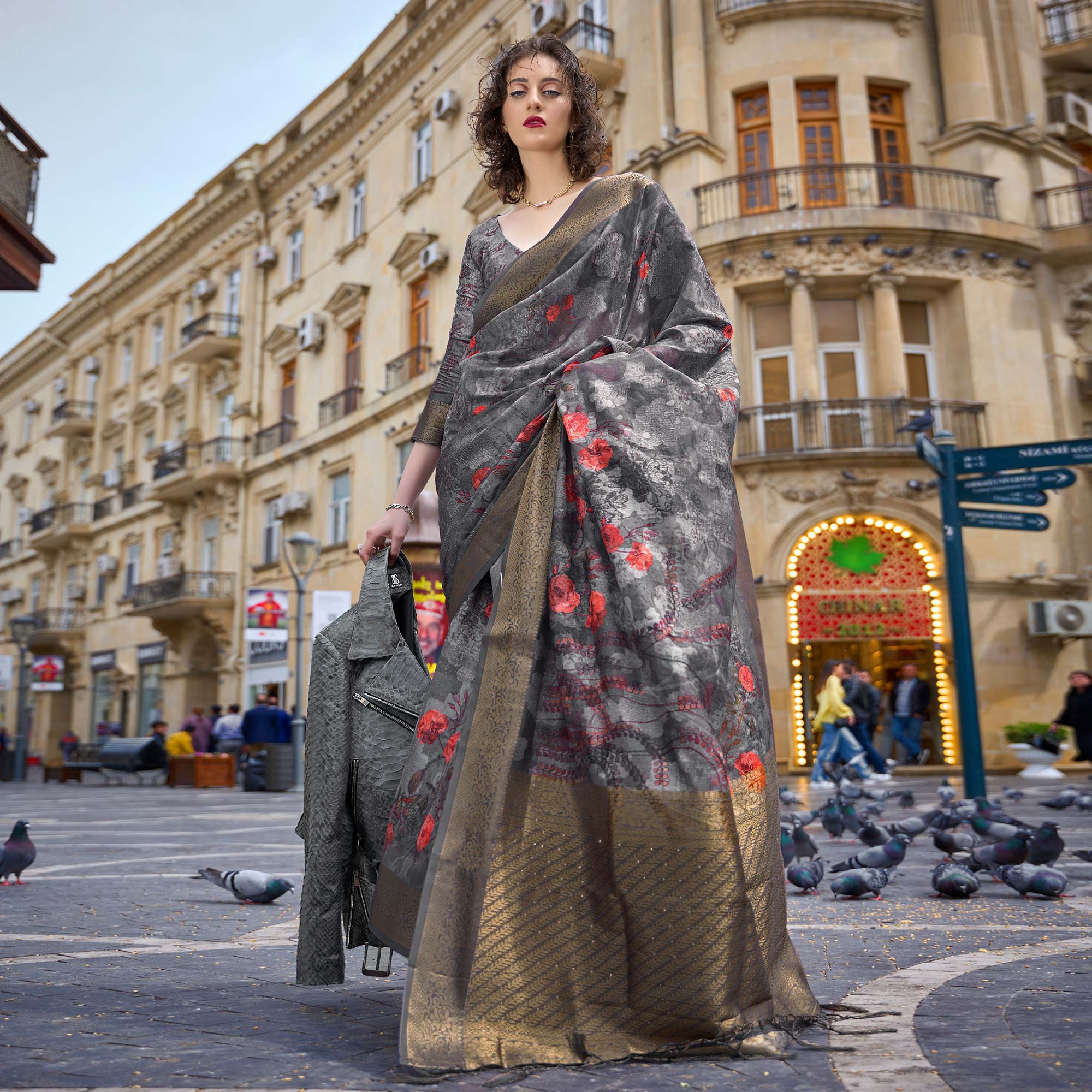 Grey Floral Woven Brasso Saree With Tassels