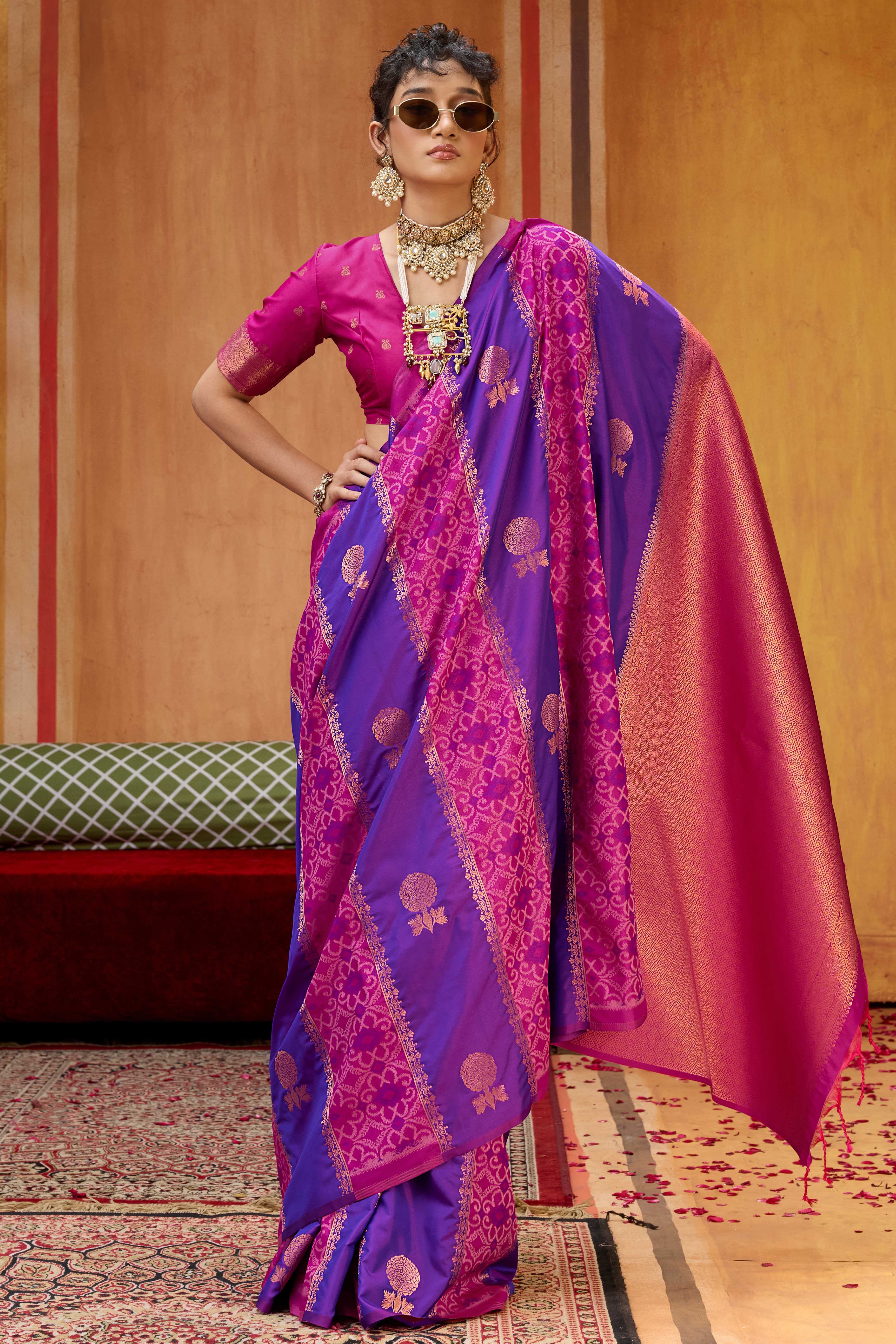 Classic Royal Purple Floral Handloom Weaving Art Silk Saree With Statement Tassel Pallu