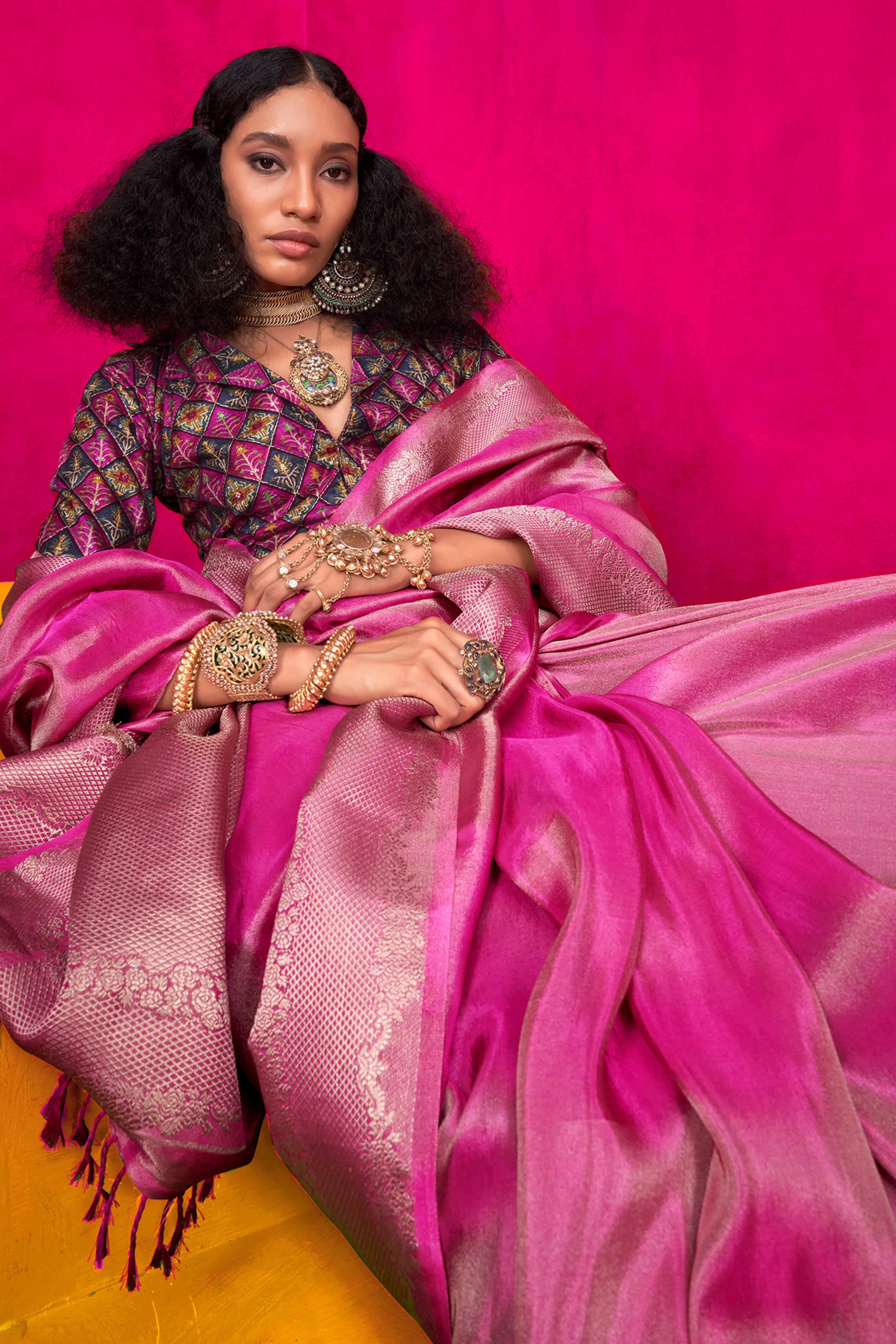 Pink Tissue Saree Adorned with Zari Weaving Border