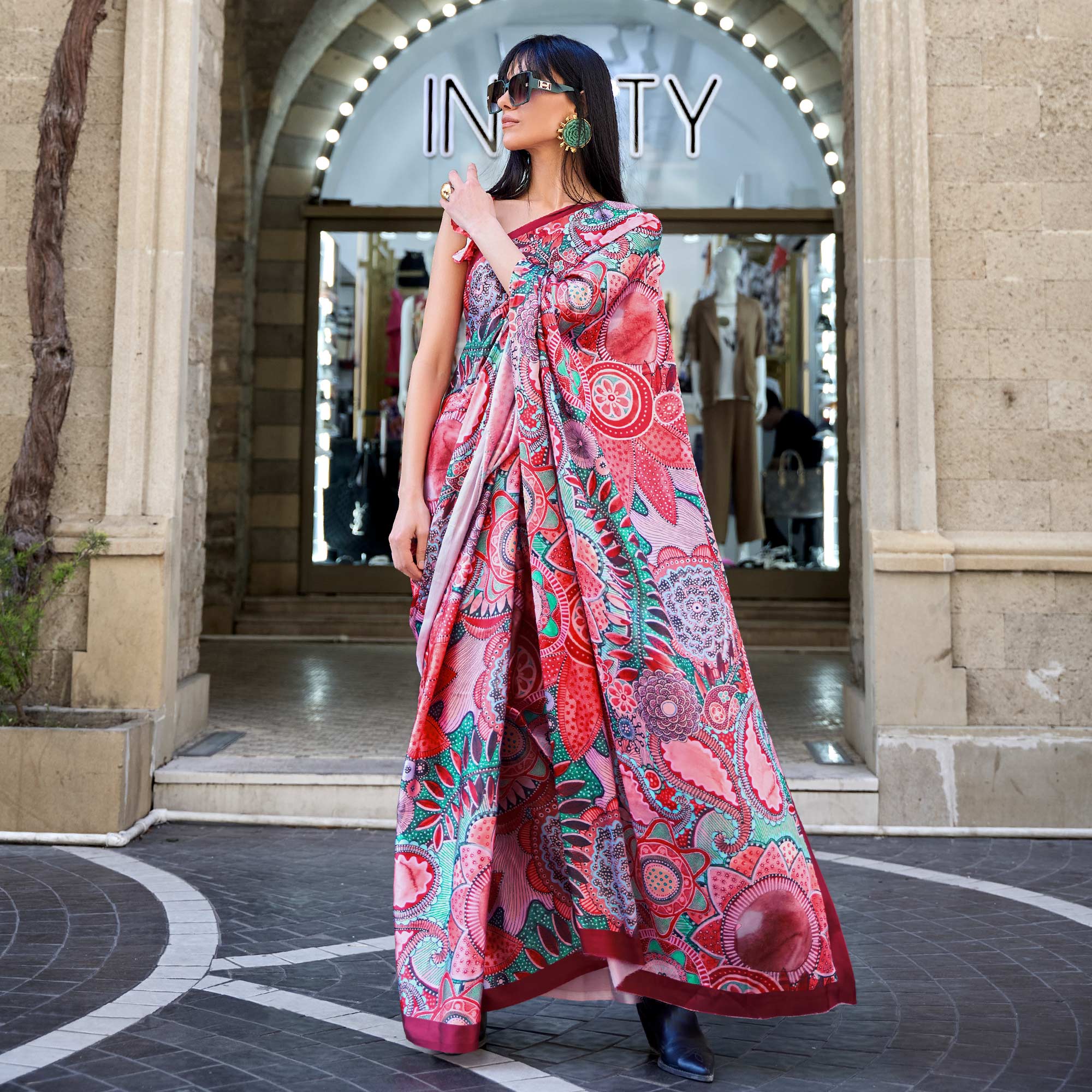 Gajri Pink Digital Printed Satin Saree