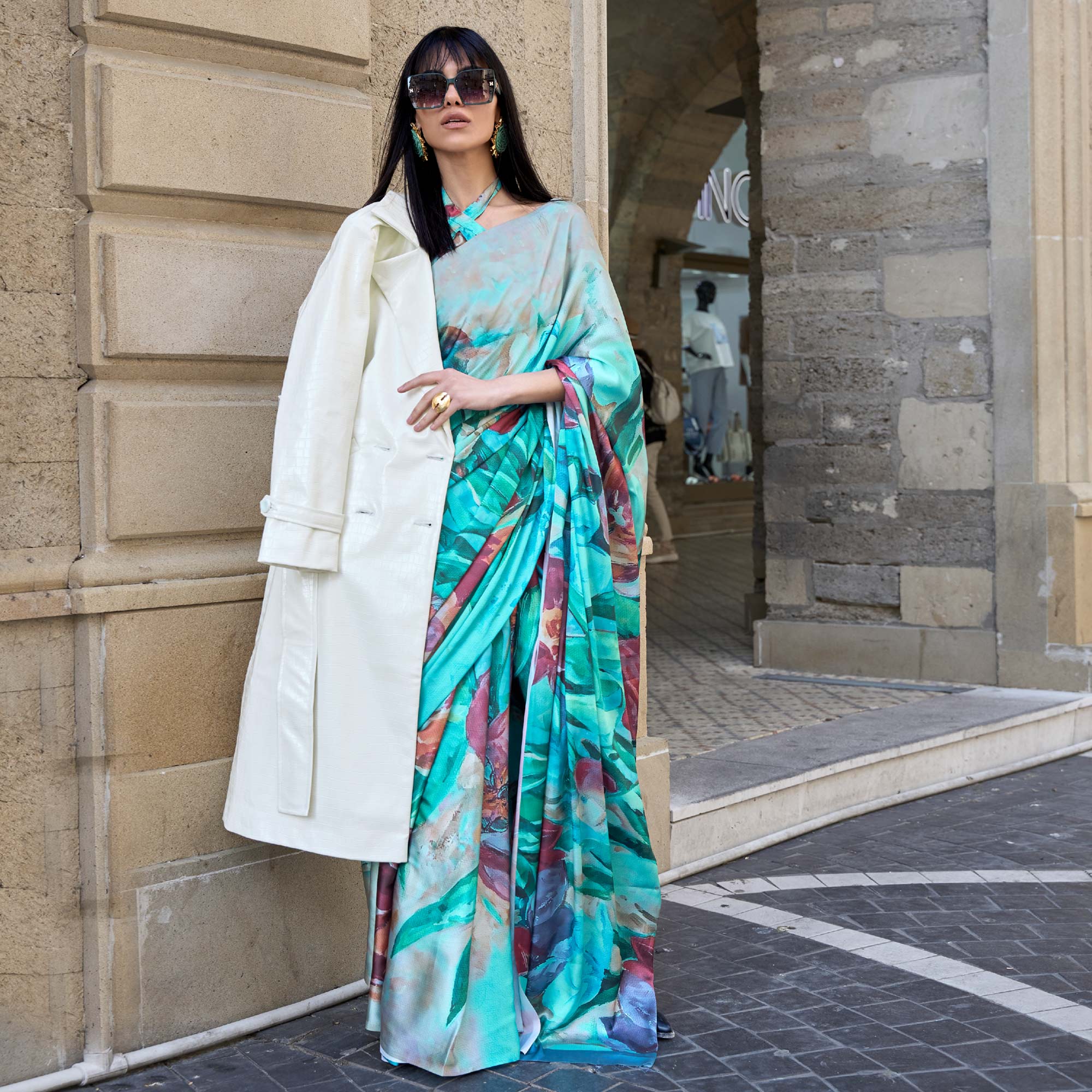 Turquoise Digital Printed Satin Saree