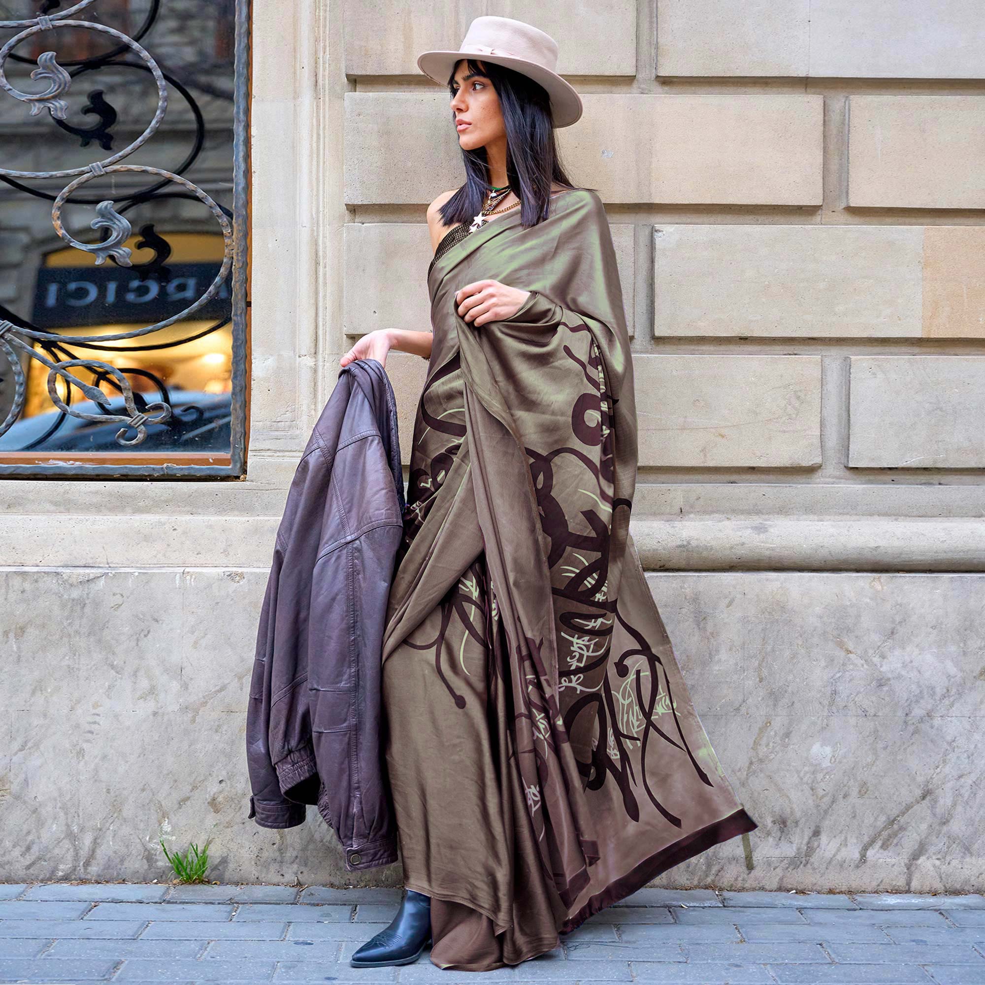 Brown Printed Satin Saree