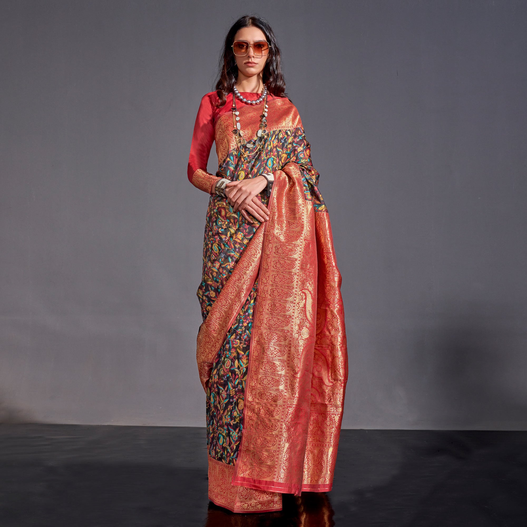 Black Floral Woven Chanderi Silk Saree