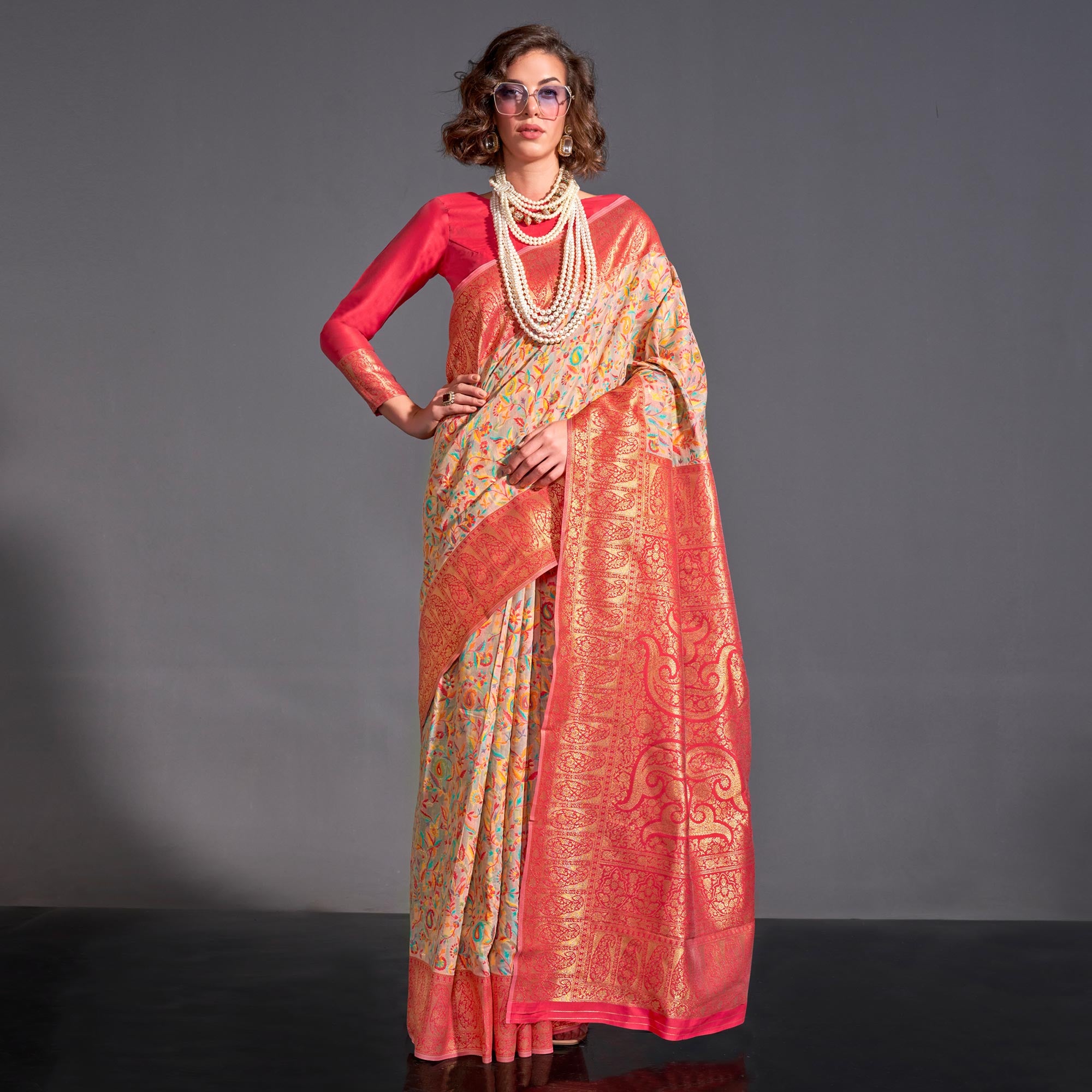 Off White Floral Woven Chanderi Silk Saree