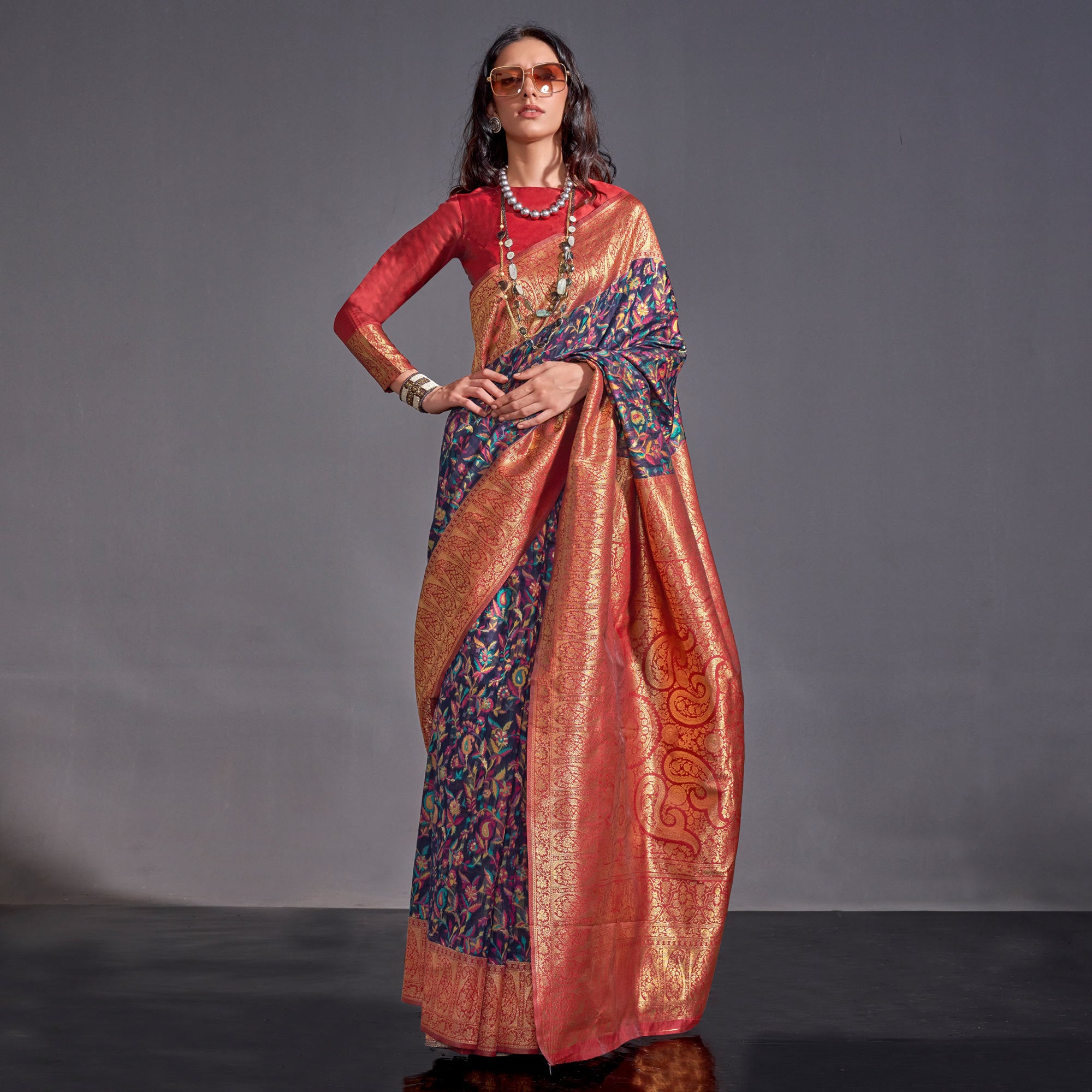 Blue Floral Woven Chanderi Silk Saree