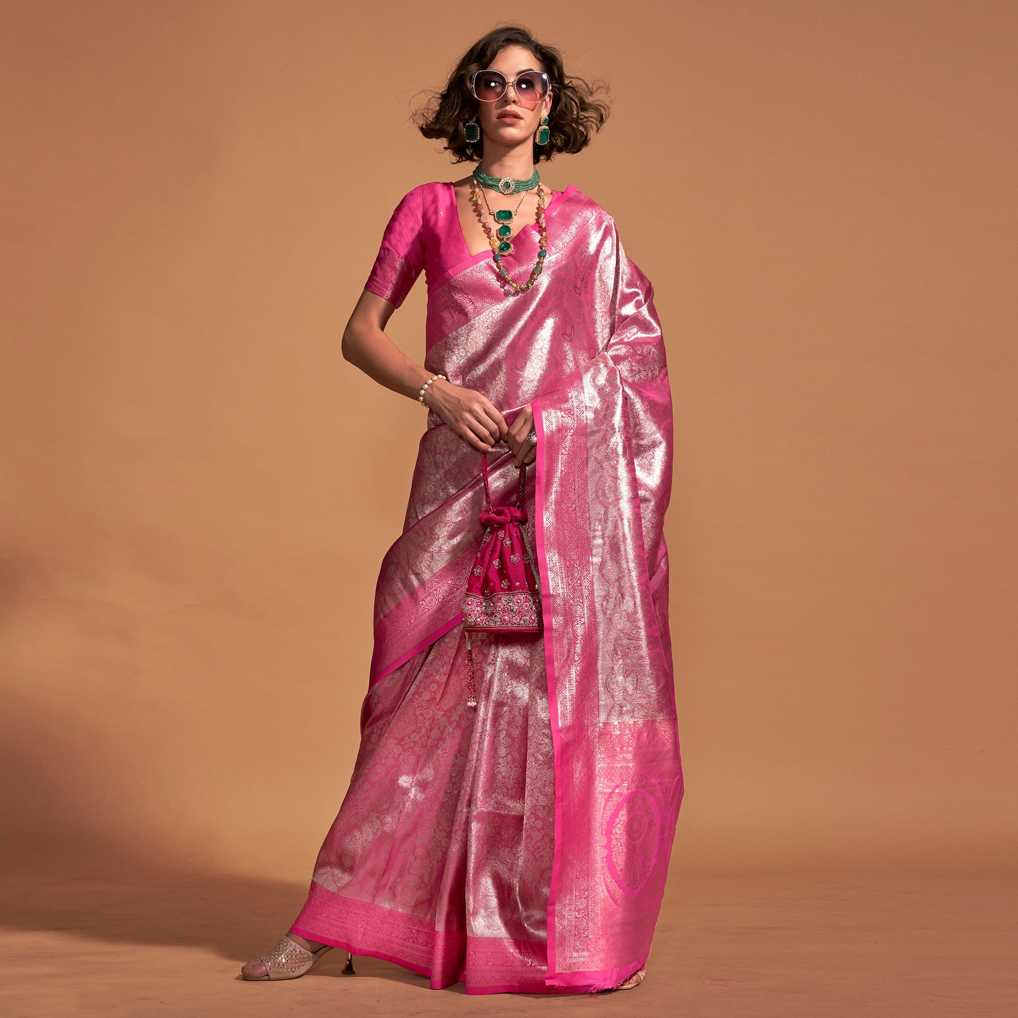 Pink Floral Woven Kanjivaram Silk Saree