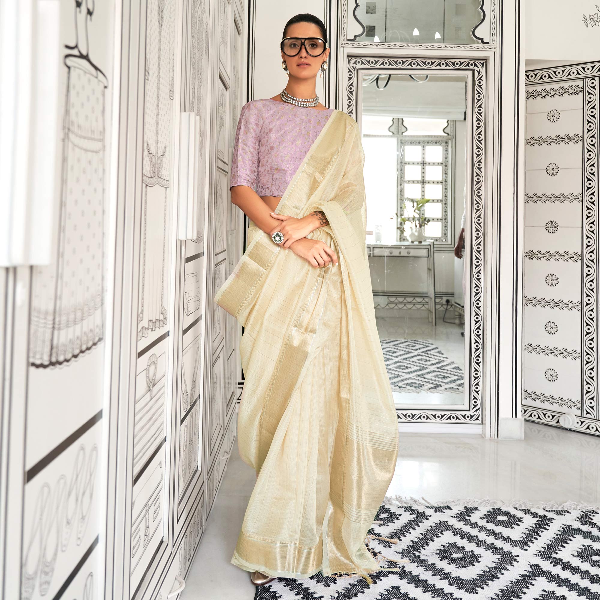 Beige Woven Zari Chiffon Saree