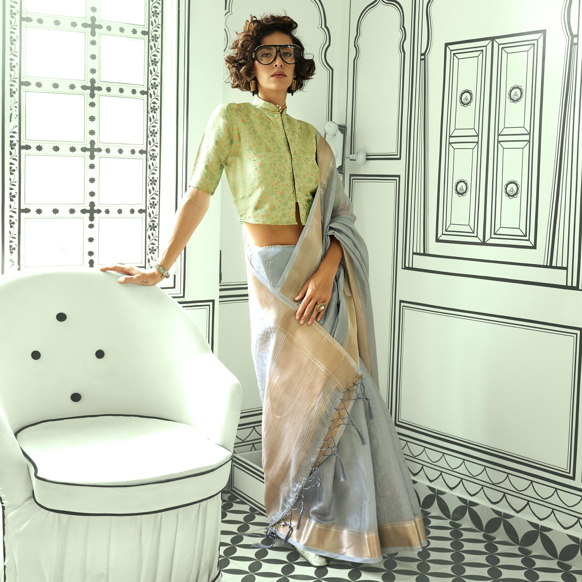 Grey Woven Zari Chiffon Saree