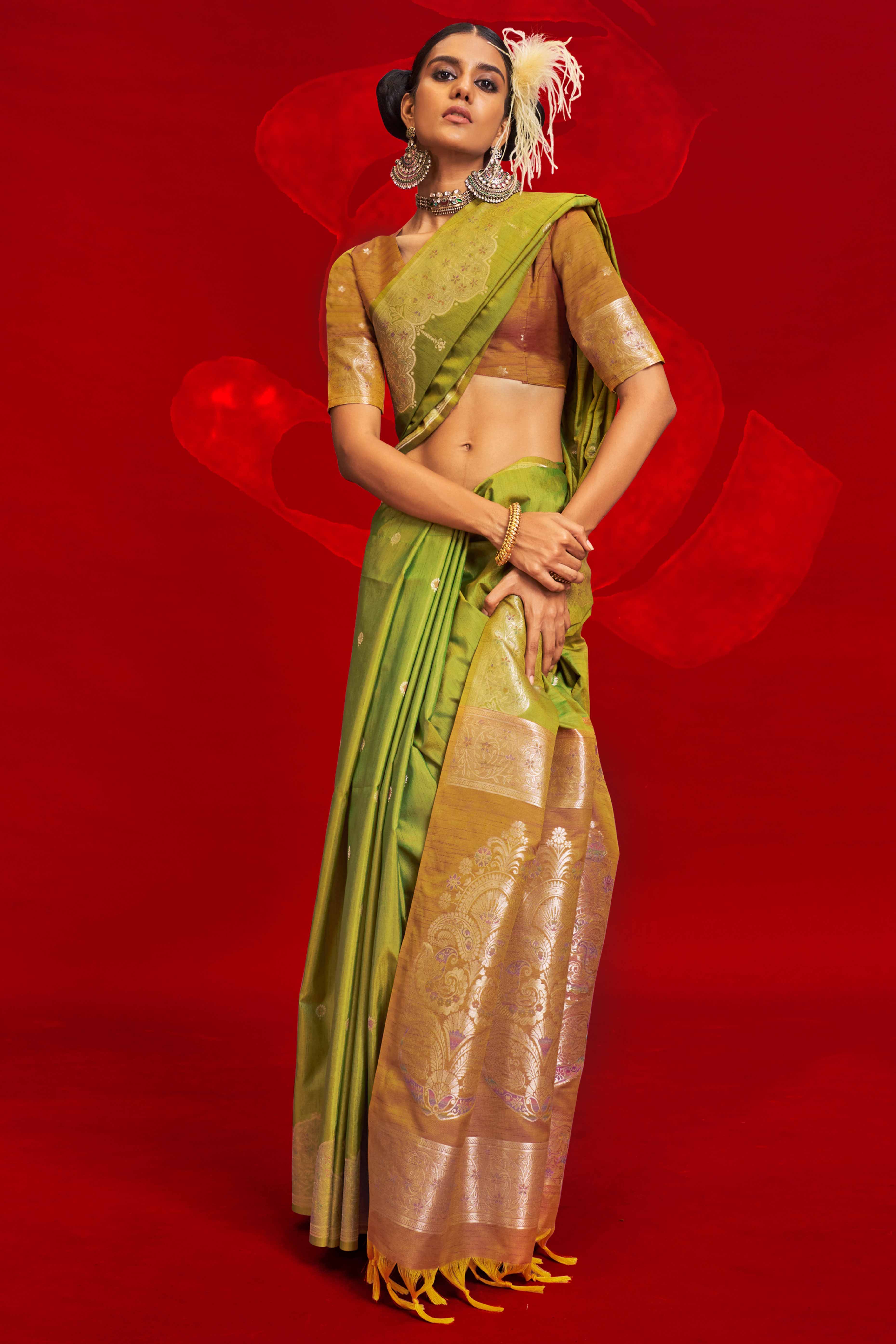 Green Floral Zari Woven Tussar Silk Saree