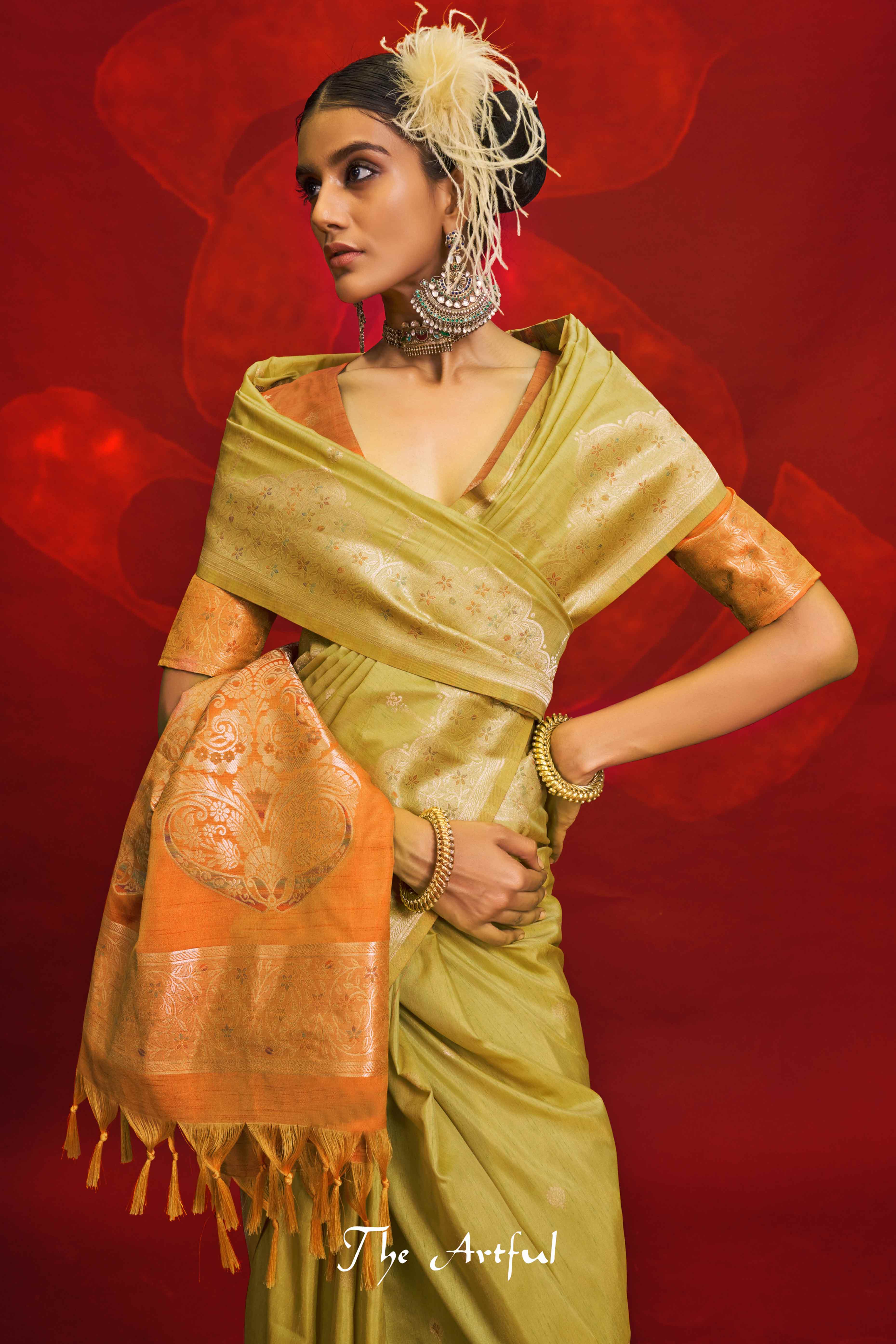 Beige Floral Zari Woven Tussar Silk Saree