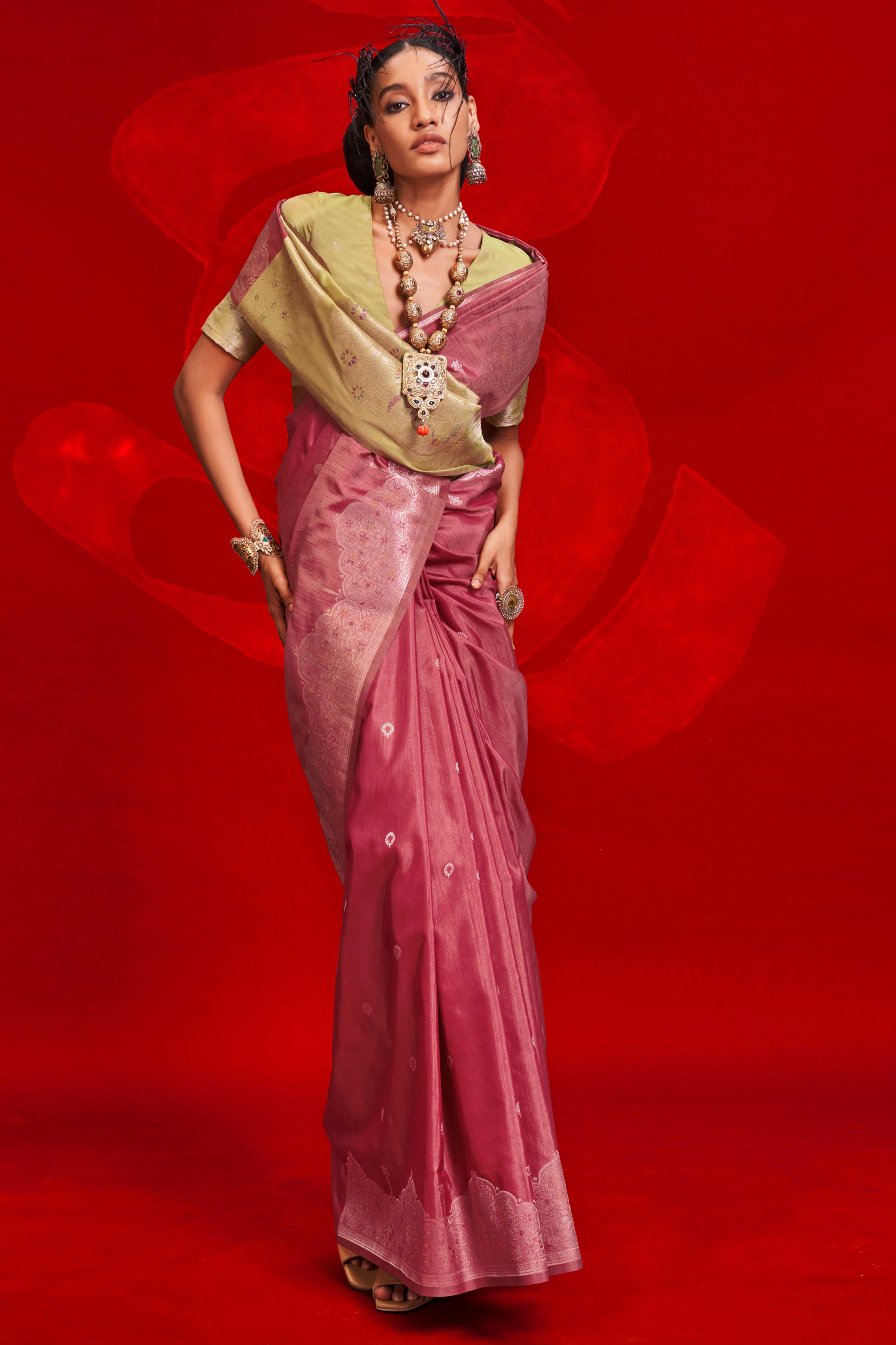 Pink Floral Zari Woven Tussar Silk Saree