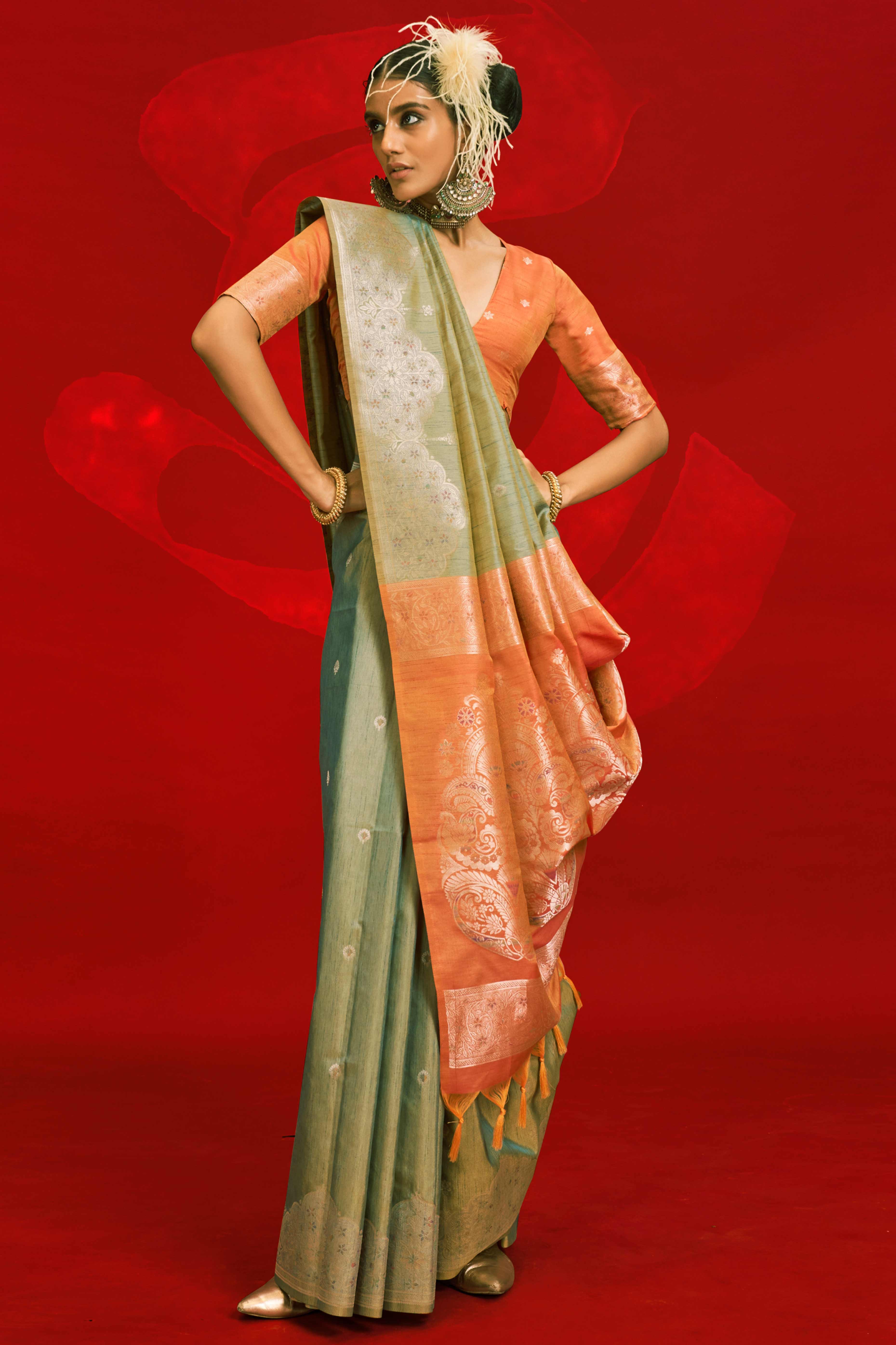 Grey Floral Zari Woven Tussar Silk Saree