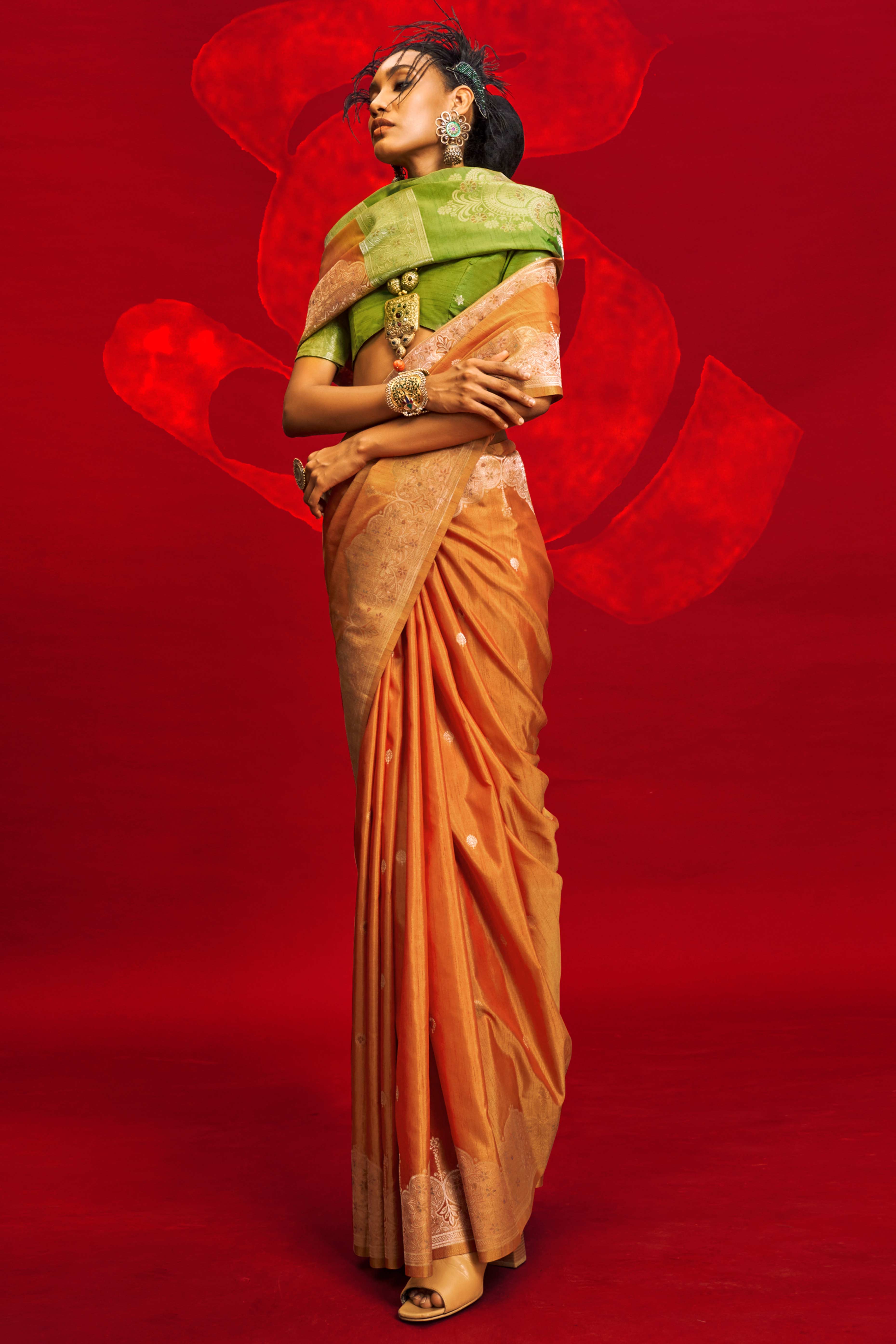 Orange Floral Zari Woven Tussar Silk Saree