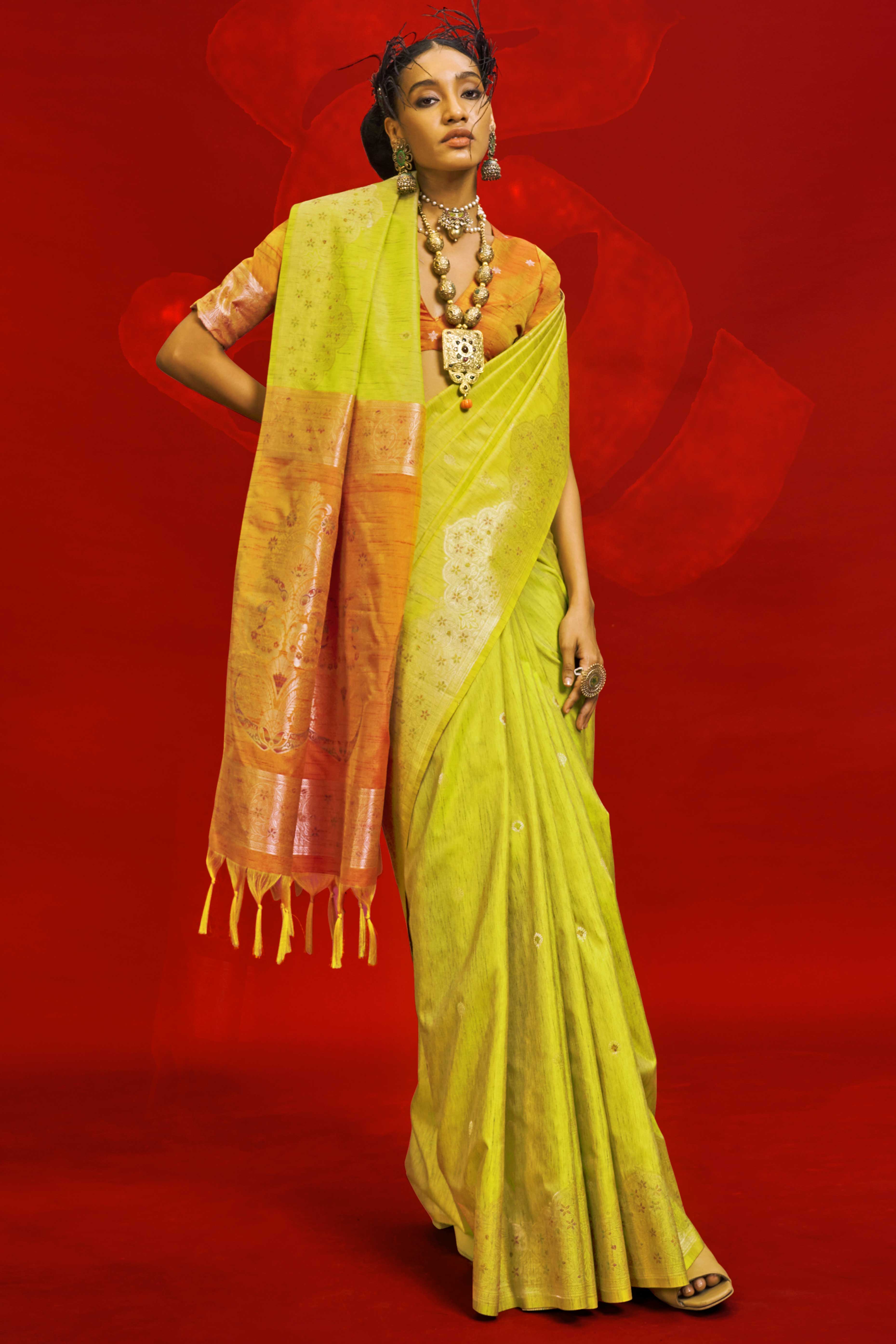 Mustard Floral Zari Woven Tussar Silk Saree