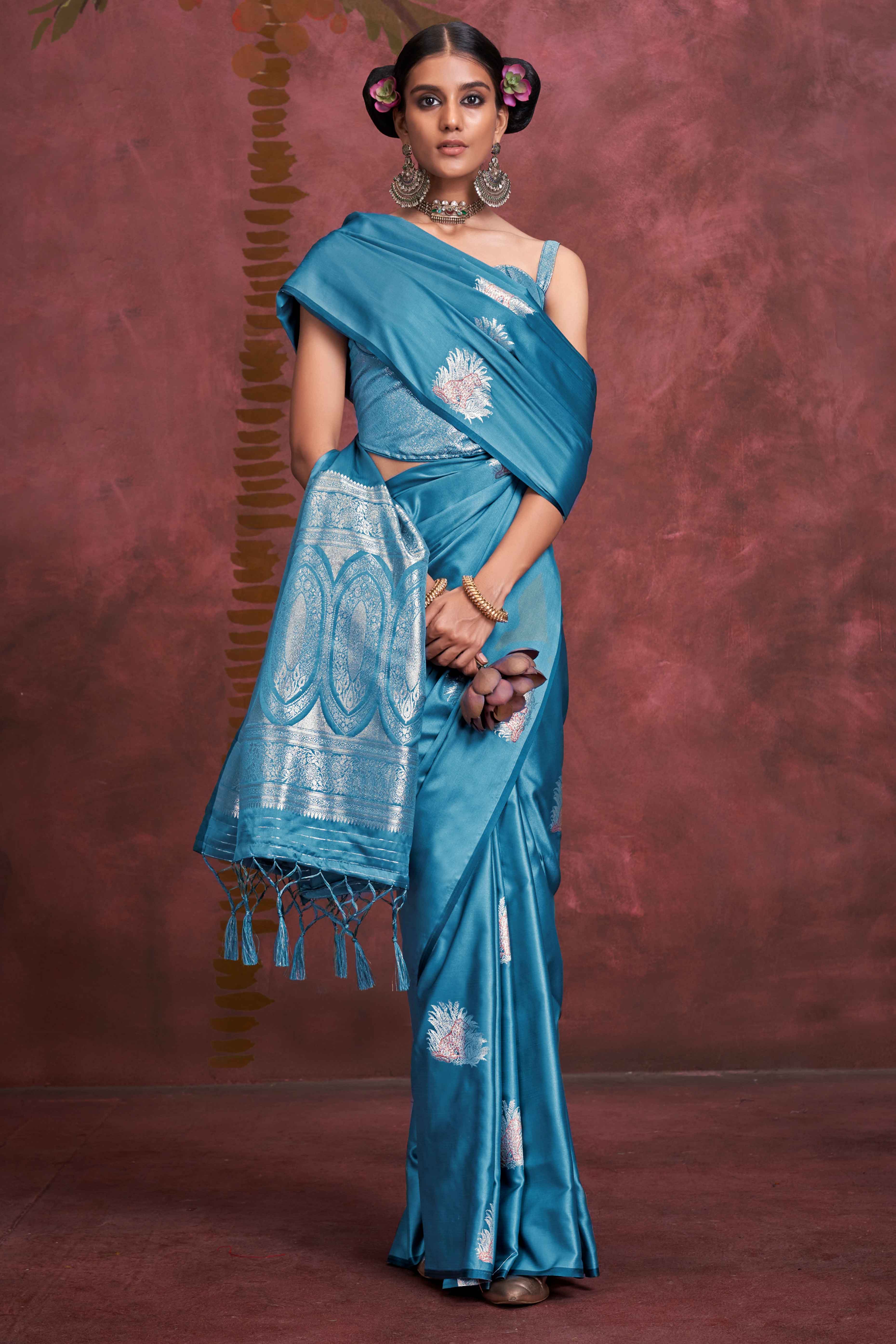 Teal Handloom Weaving Satin Saree
