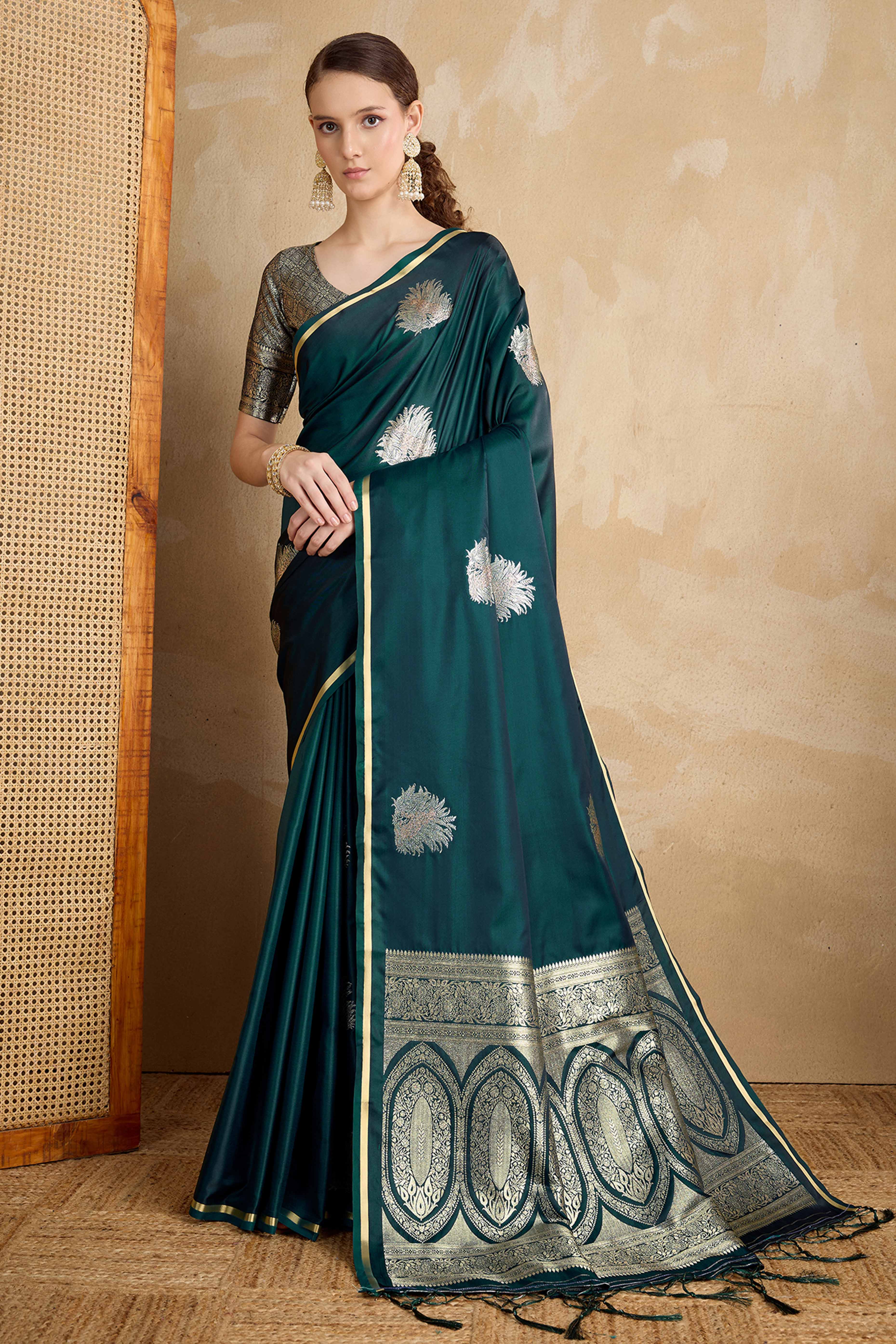 Morpich Green Satin Saree Featuring Intricate Handloom Weaving