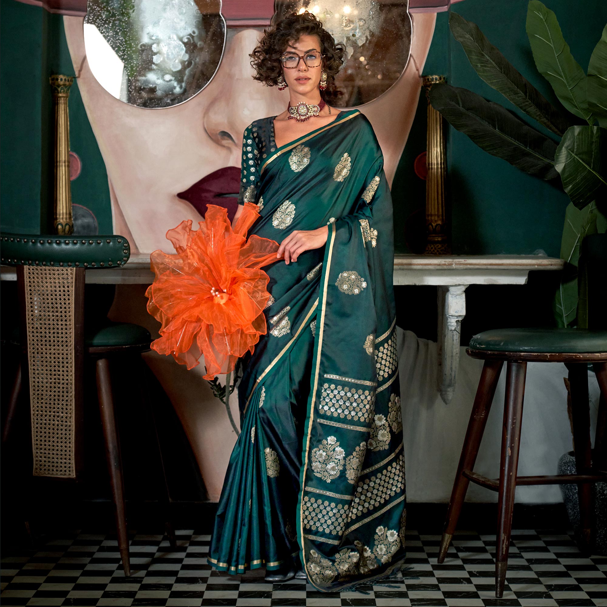 Green Floral Design Zari Woven Satin Saree