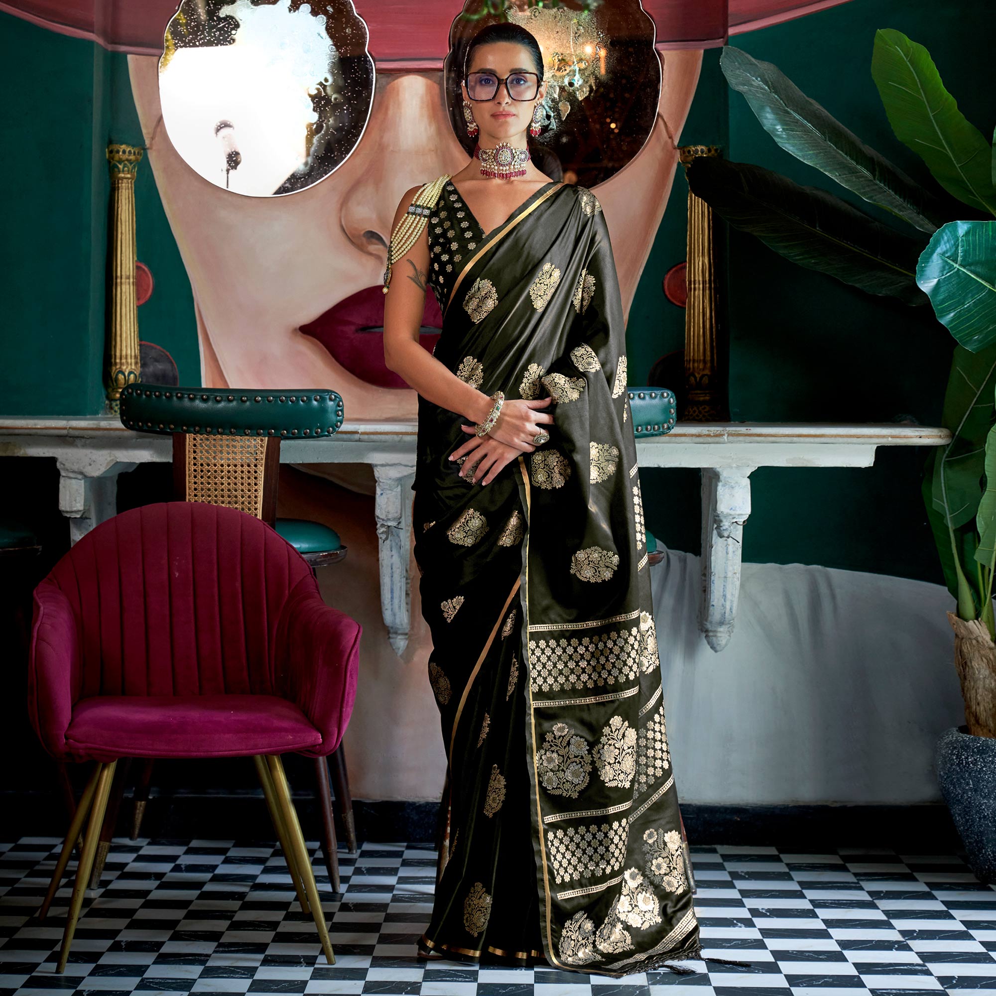 Black Floral Design Zari Woven Satin Saree