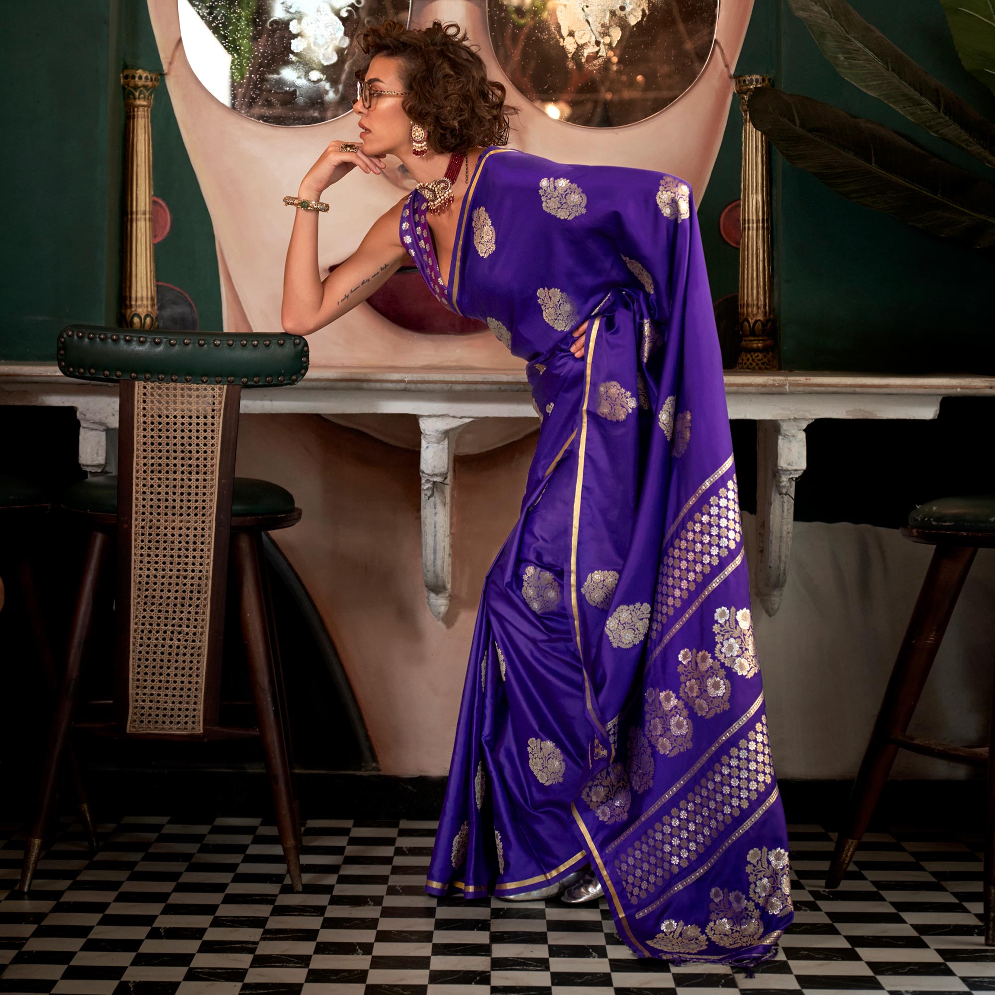 Purple Floral Design Zari Woven Satin Saree
