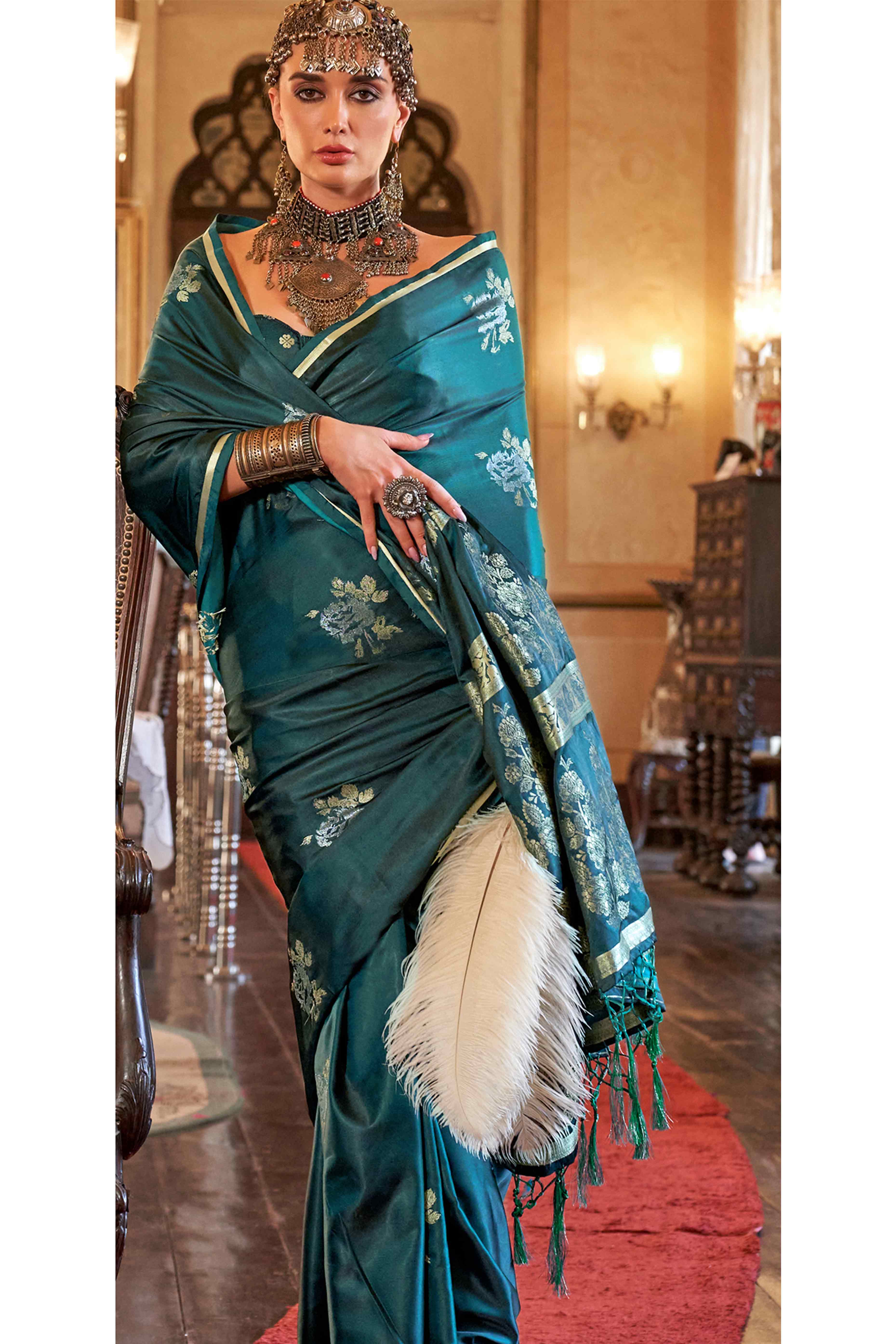 Emerald Green Satin Saree with Zari Weaving and Tassel Detailing